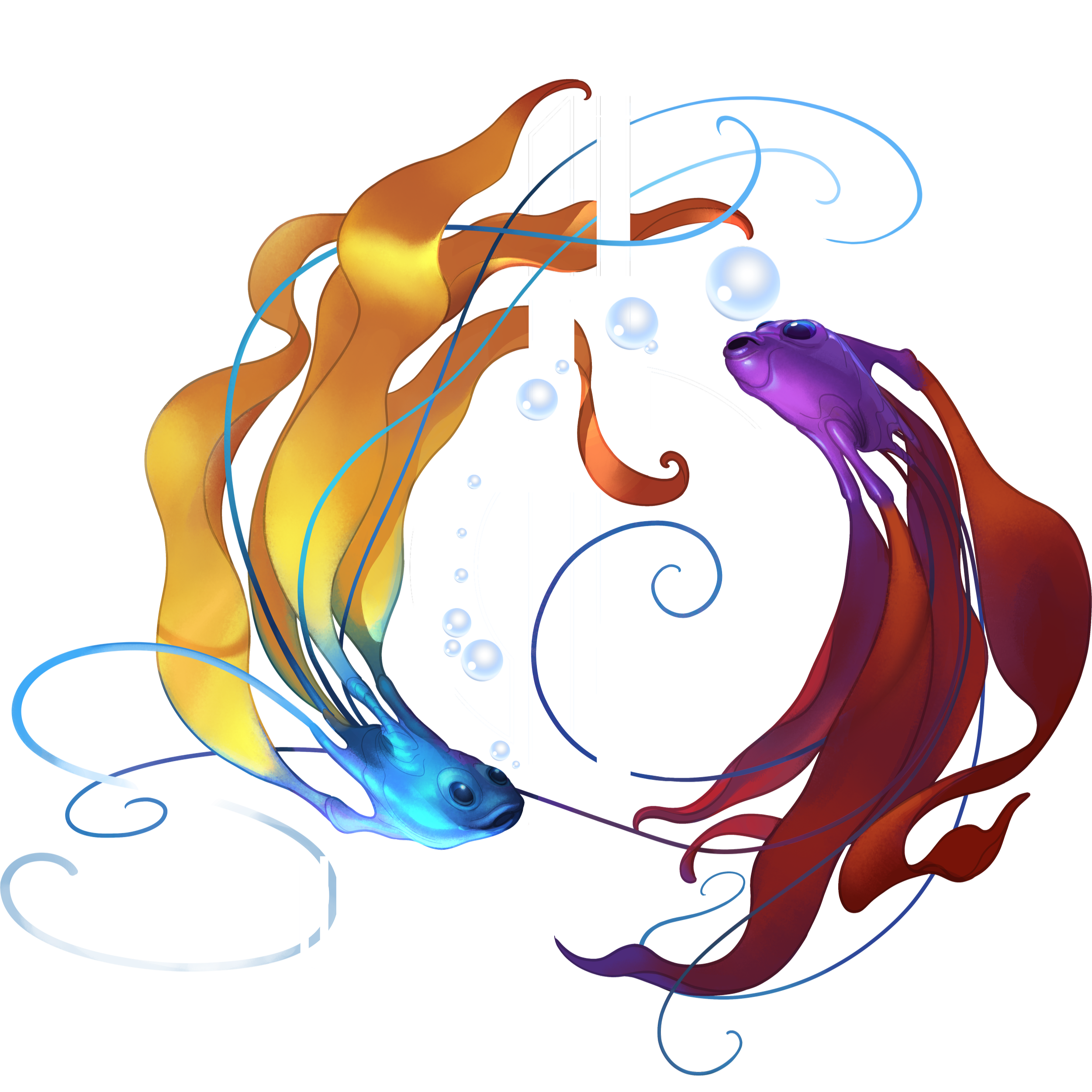 Abstract digital artwork of two koi fish swimming in a yin-yang formation, with one fish in shades of yellow and the other in shades of purple and red, surrounded by flowing lines and circles.