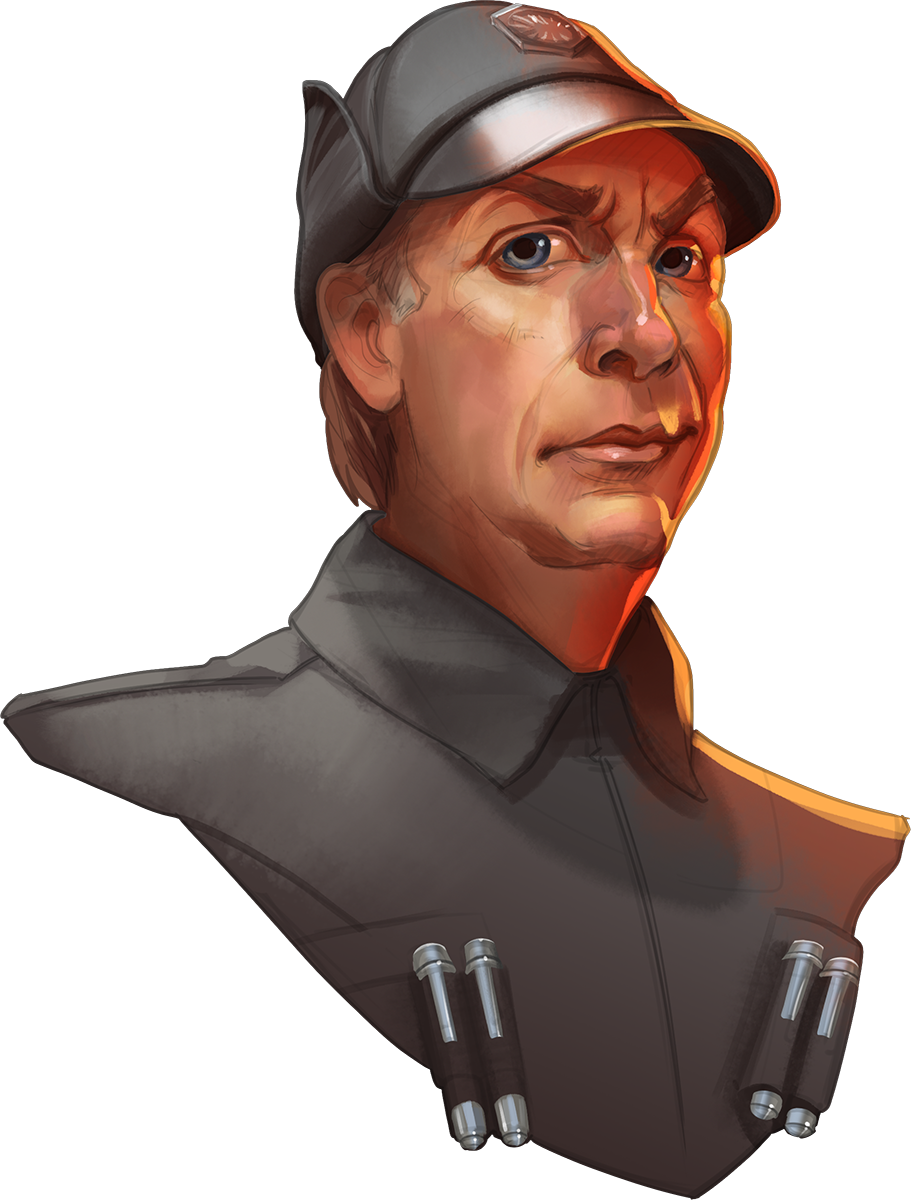 Digital portrait of a man wearing a cap and a First Order uniform with metallic details, looking serious.