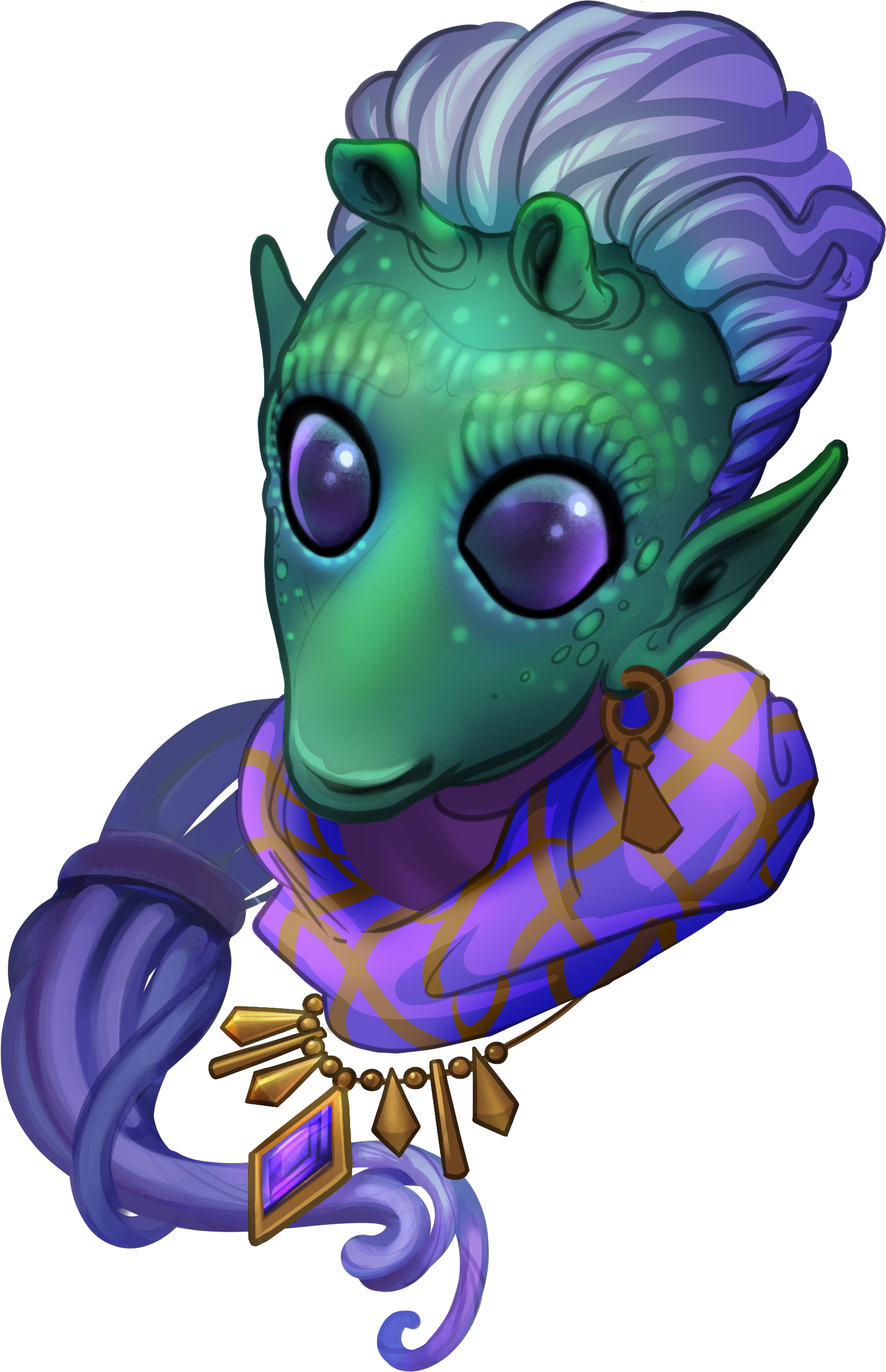 A female Rodian with  green skin, large purple eyes, and pointed ears, wearing ornate jewelry and a purple patterned garment.