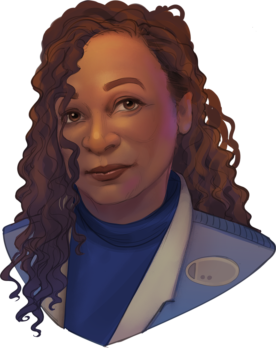A digital portrait of a woman with curly hair wearing a blue turtleneck and a white blazer with a name tag.