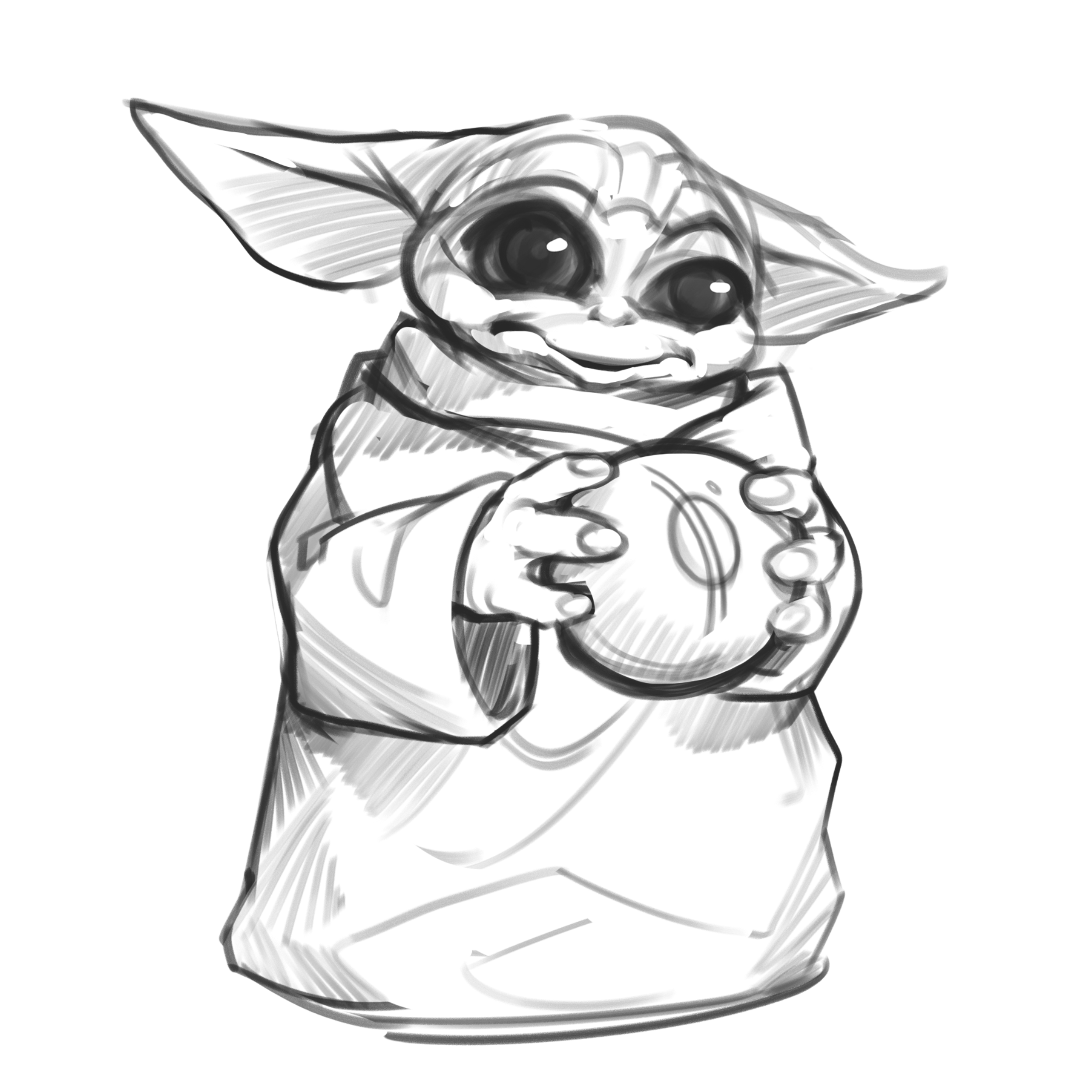 pencil drawing of Grogu holding a mug with the Chandrila Star Line logo on it