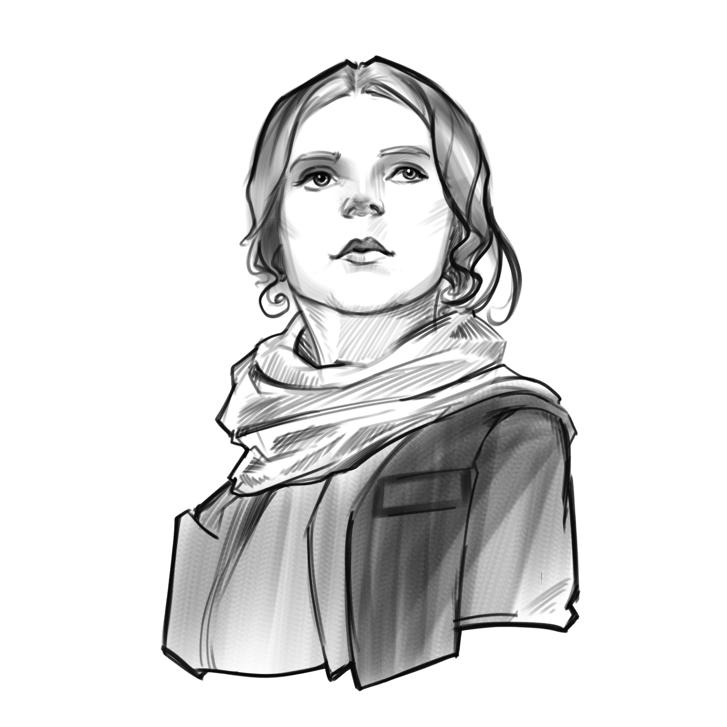 Black and white sketch of Jyn Erso from Rogue One, wearing a scarf and a jacket, looking slightly to the right with a confident expression.