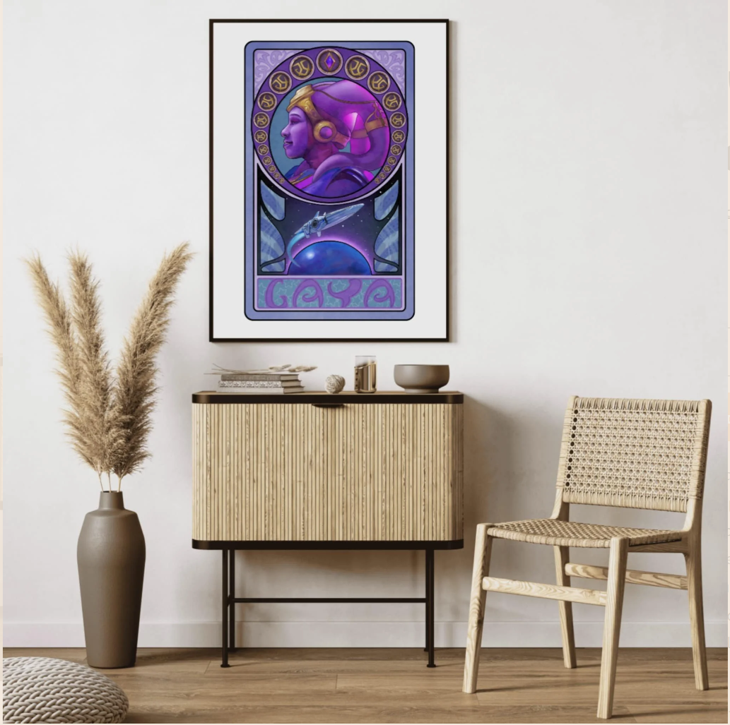 Decorative art print featuring a purple twi'lek  with gold accessories and symbols in the background, hanging on a white wall in a minimalist room with wooden furniture.