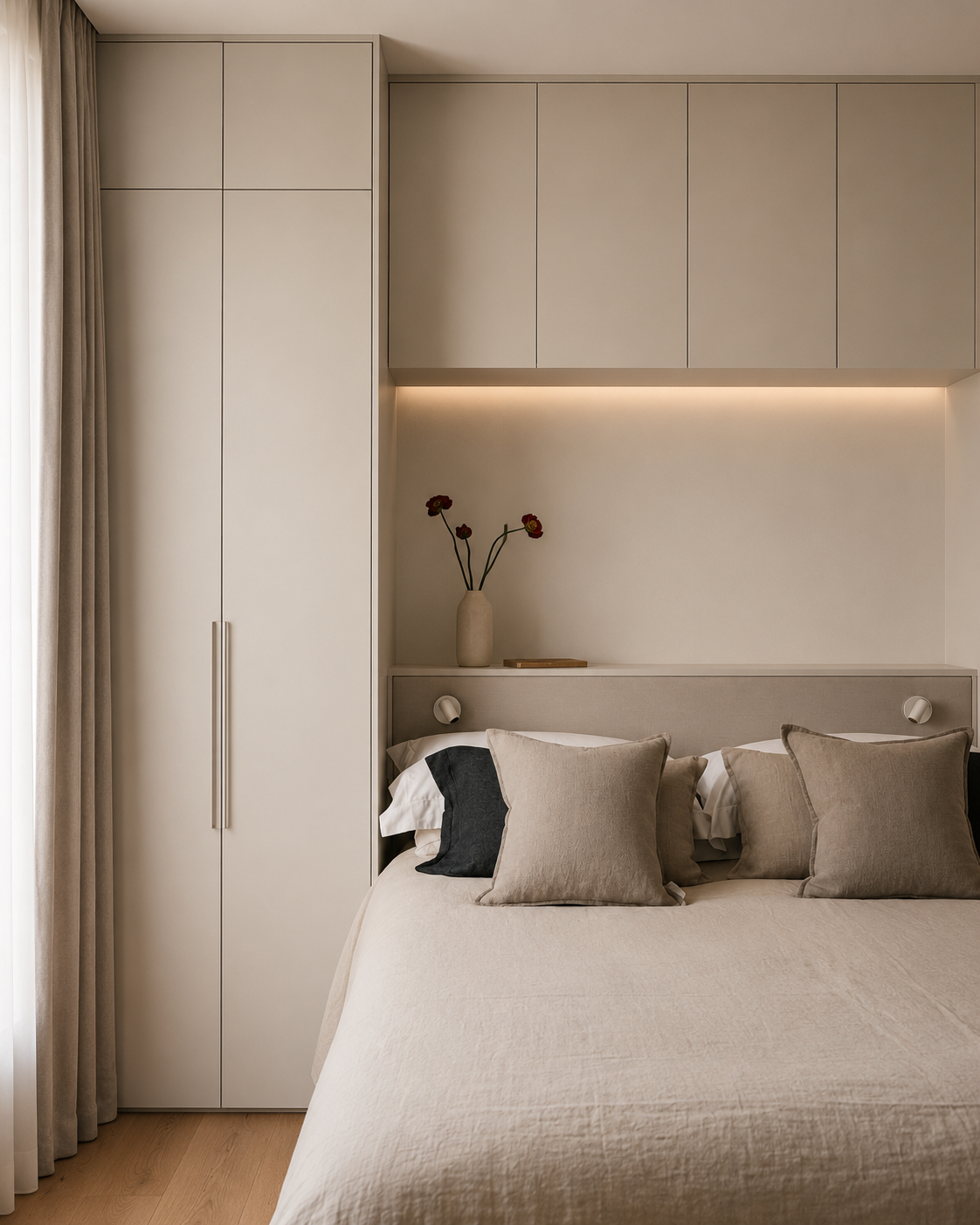 A neatly made bed with beige bedding and multiple beige and dark gray pillows, located in a modern bedroom with minimalist decor, including built-in cabinetry, a vase with flowers, and soft lighting.