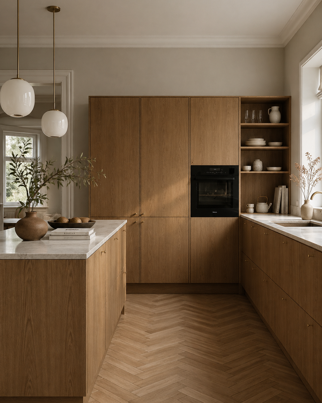 A modern kitchen with wooden cabinets, a white marble countertop, and a herringbone wooden floor. There are open shelves with dishes and vases, a built-in oven, and a window. A large vase with greenery and a bowl of fruits sit on the kitchen island, and there are hanging pendant lights.