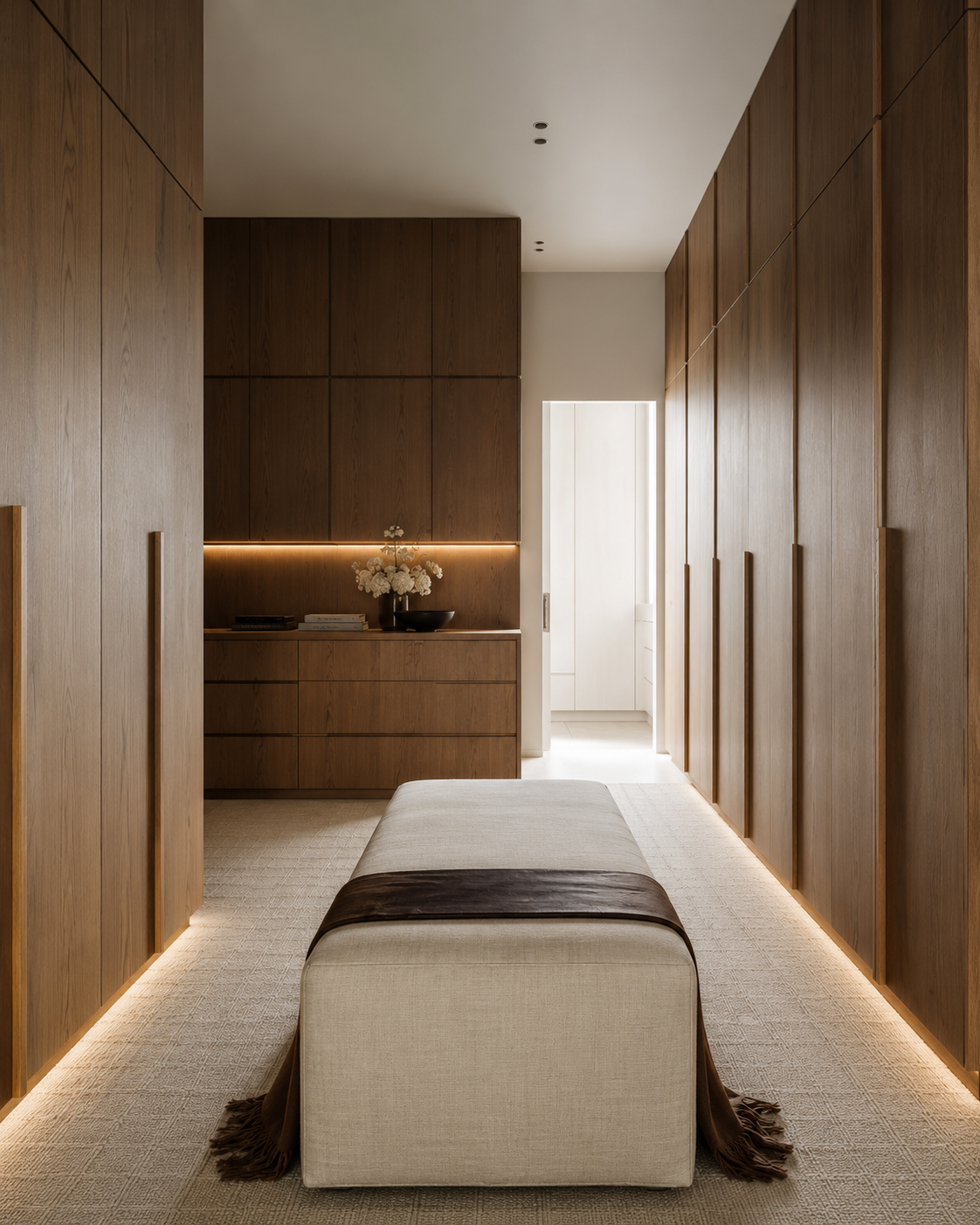 Minimalist room with wood-paneled walls, beige carpet, and a cream-colored ottoman with a dark brown throw blanket, illuminated by soft lighting.