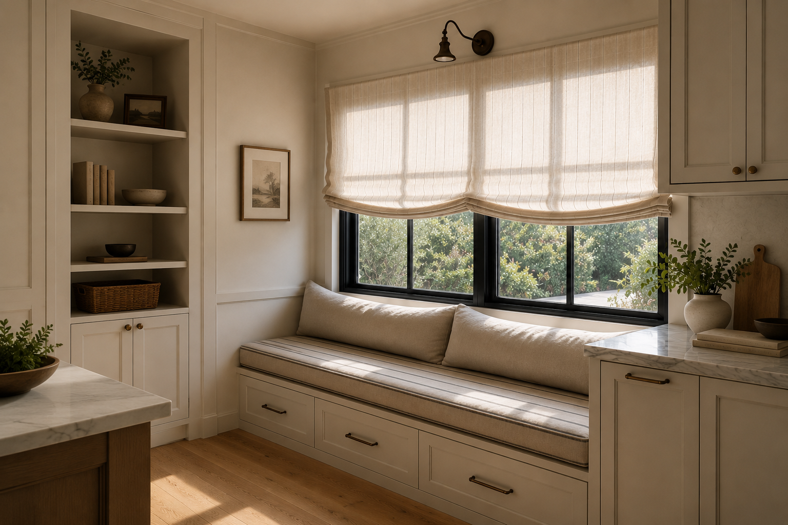 Cozy kitchen nook with built-in window seat, surrounded by white cabinetry and shelves, with a window view of trees, beige cushion, and decorative items.