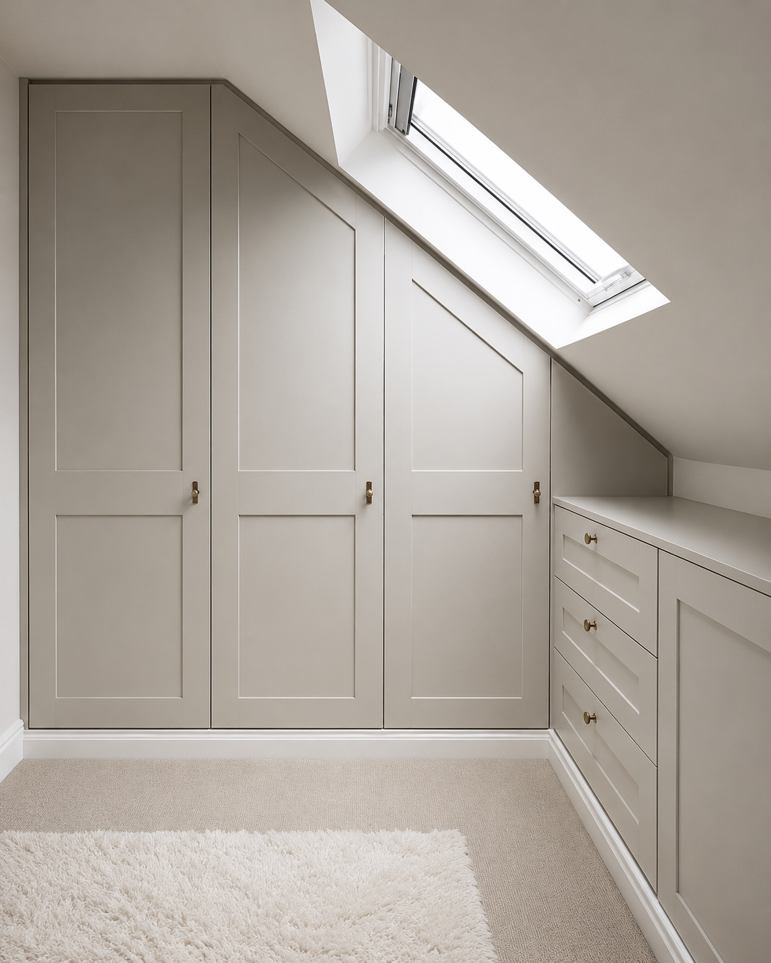 Closet with light gray doors under sloped ceiling with a skylight window, beige carpet, and a white fluffy rug.