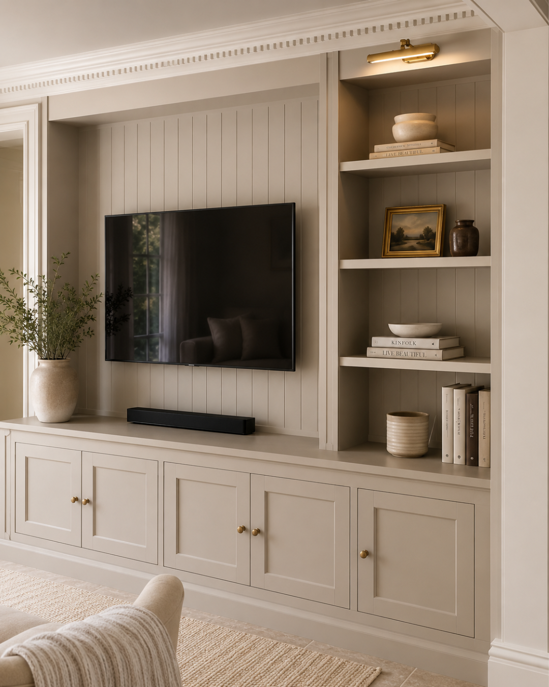 Living room with built-in beige cabinetry, a mounted flat-screen TV, decorative books, vases, and artwork, a potted plant on a side table, and a beige armchair with a throw blanket.