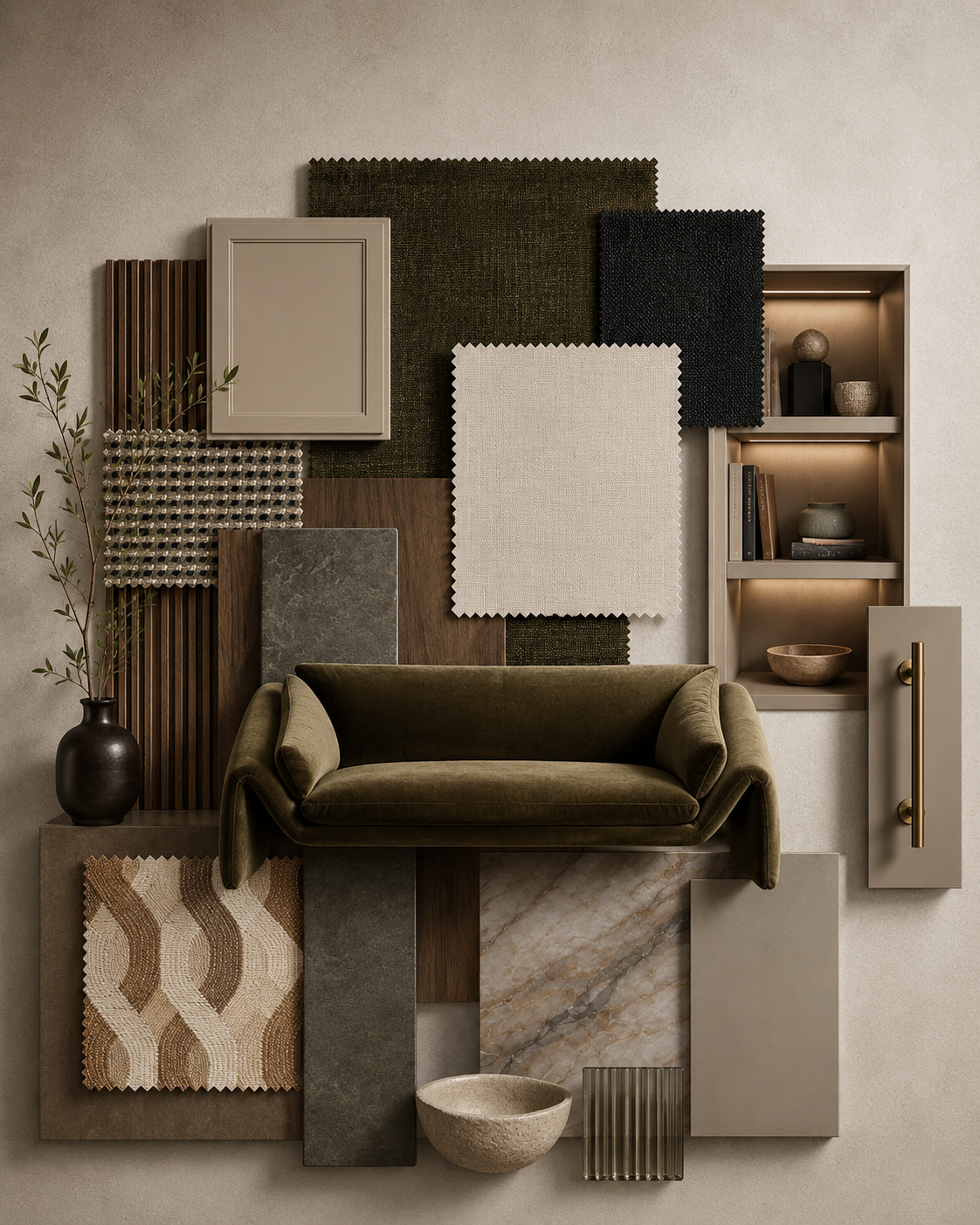 Interior design mood board with various fabric samples, textures, a dark green velvet sofa, decorative objects, and wooden shelving.