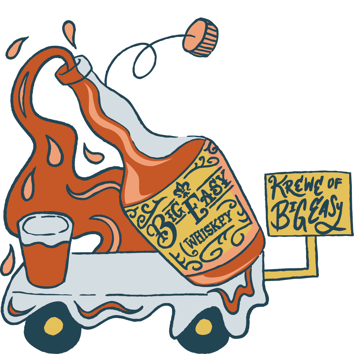 Illustration of a whiskey truck with spilled whiskey and a glass, labeled 'Big Easy Whiskey' and a sign that says 'Krewe of Big Easy.'