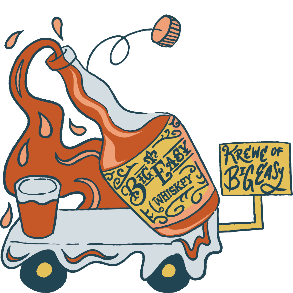 Cartoon illustration of a truck with a whiskey bottle labeled 'Big Easy Whiskey,' pouring whiskey into a glass on the truck bed, with a sign that reads 'Krewe of Big Easy.'