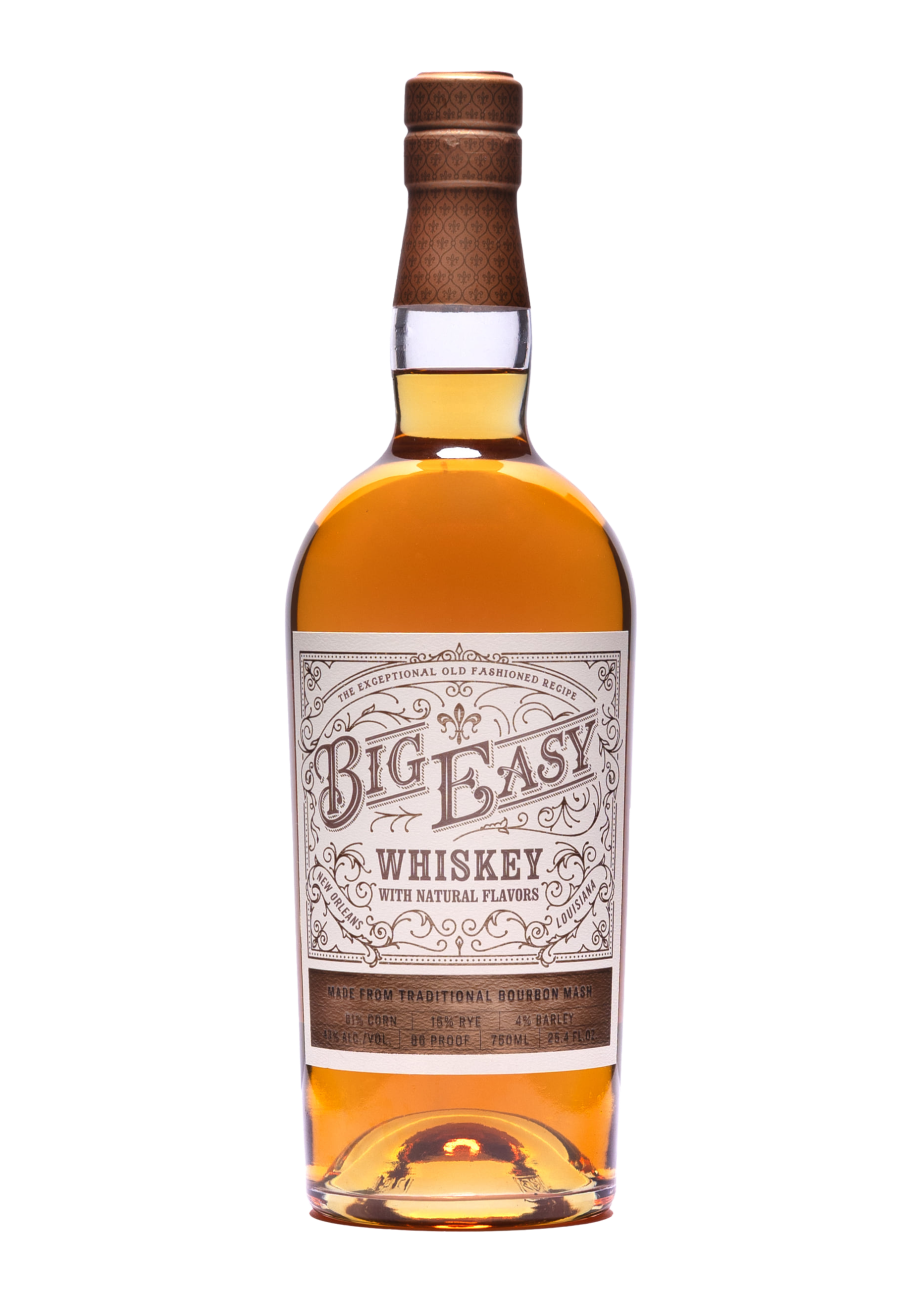 A bottle of Big Easy Whiskey with a tan label and brown cap, filled with amber-colored whiskey.