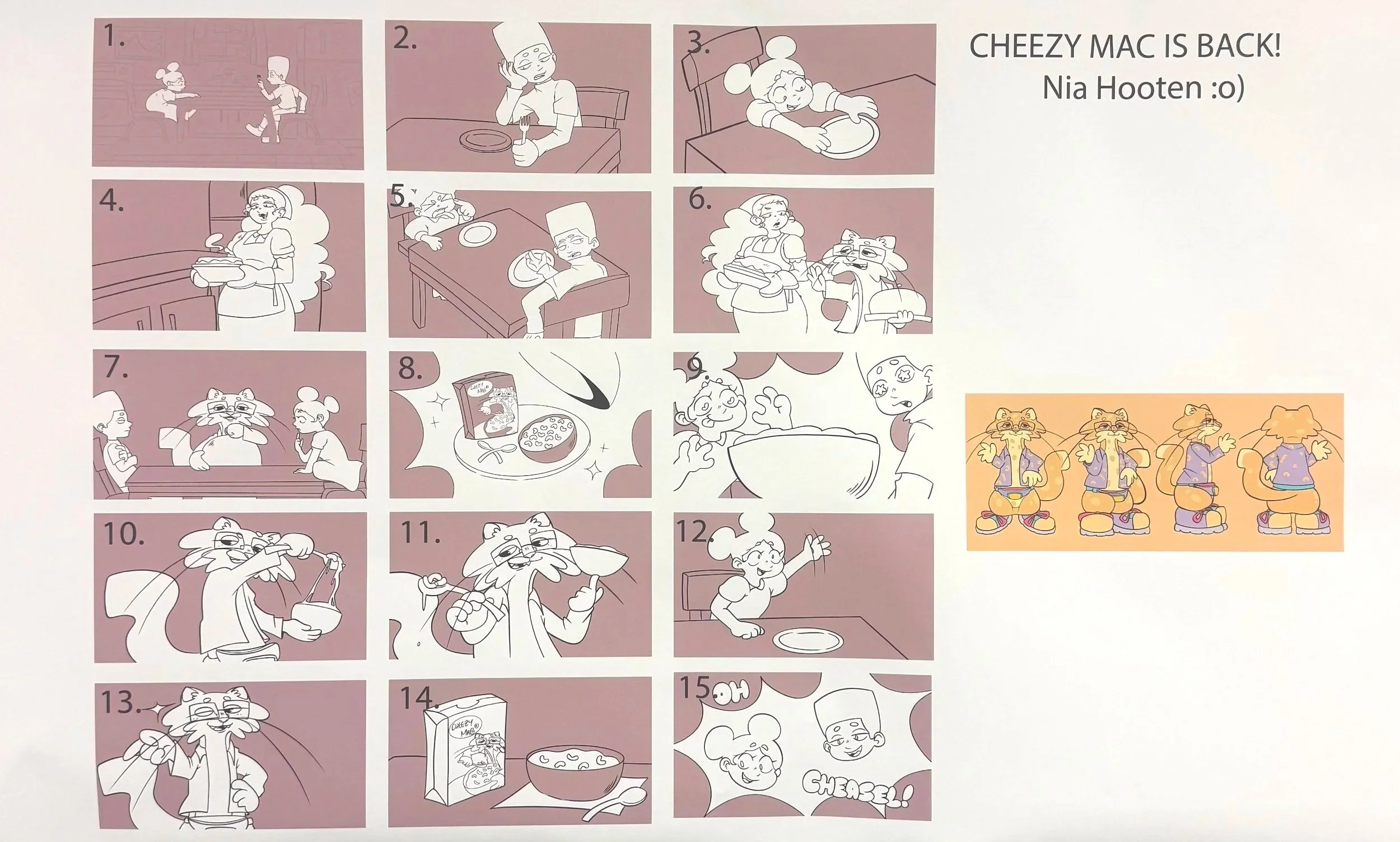 A Story Board of a 80s Mac N' Cheese commercial with a colour character I developed.