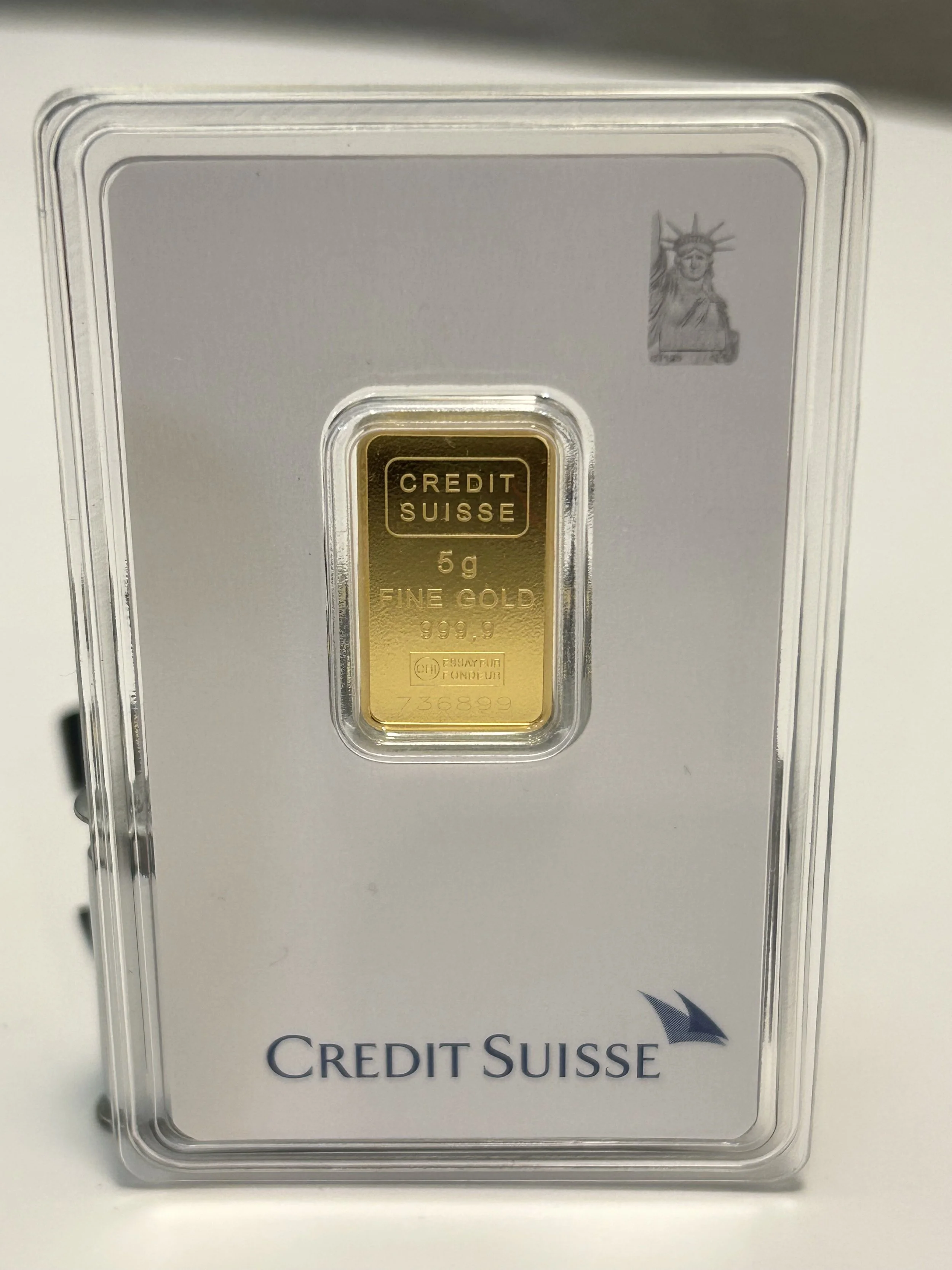 5 gram Gold Bar - Credit Suisse Statue of Liberty (New Assay)