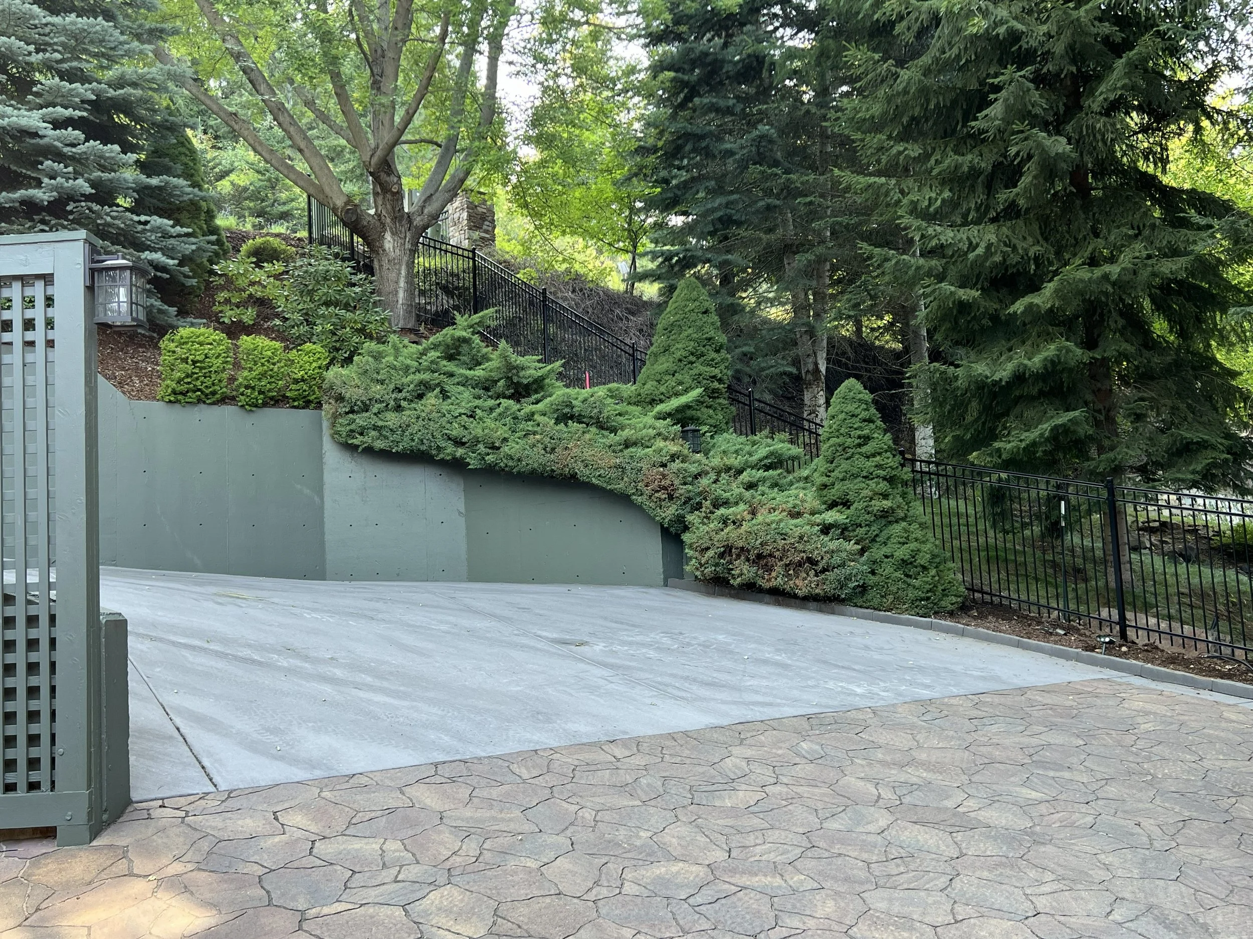 Residential driveway with stone pavers leading to a concrete level area, bordered by landscaped greenery, including various bushes and tall trees, with a black metal fence along a hillside.