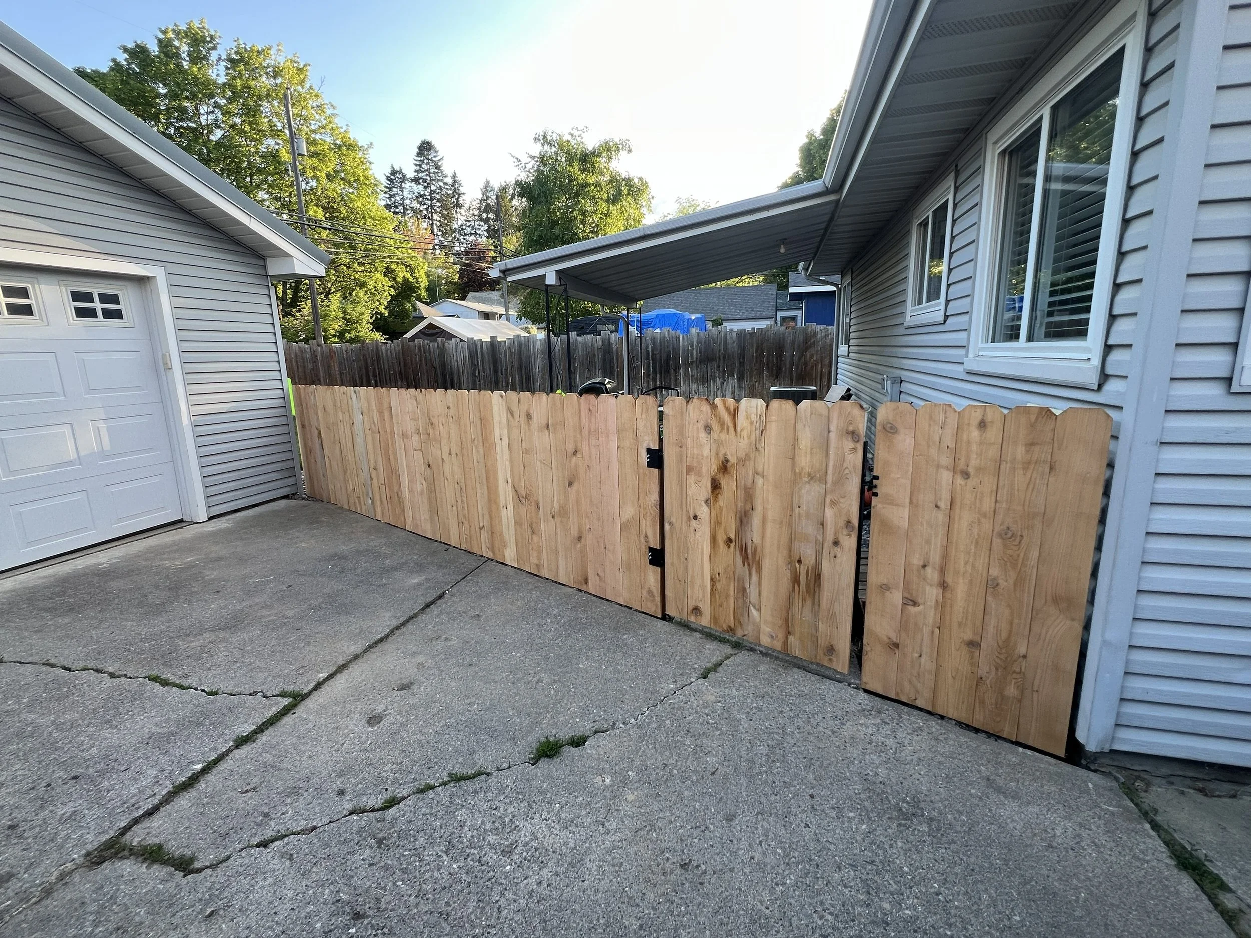 Wooden fence gate between two houses with concrete driveway in the foreground and trees in the background.