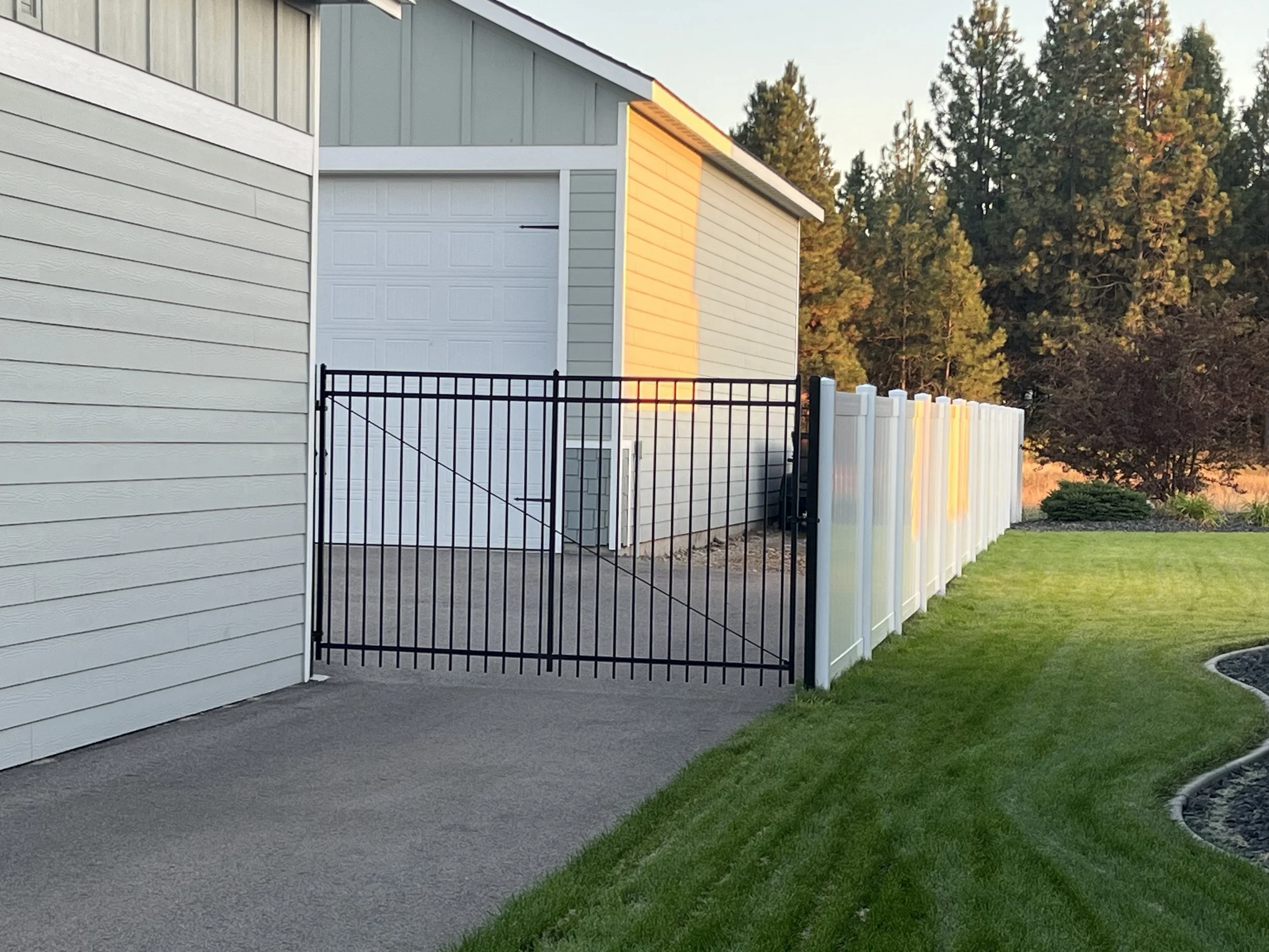 A backyard with a white house, a black metal gate, a white privacy fence, and a well-maintained green lawn with a curved garden bed.