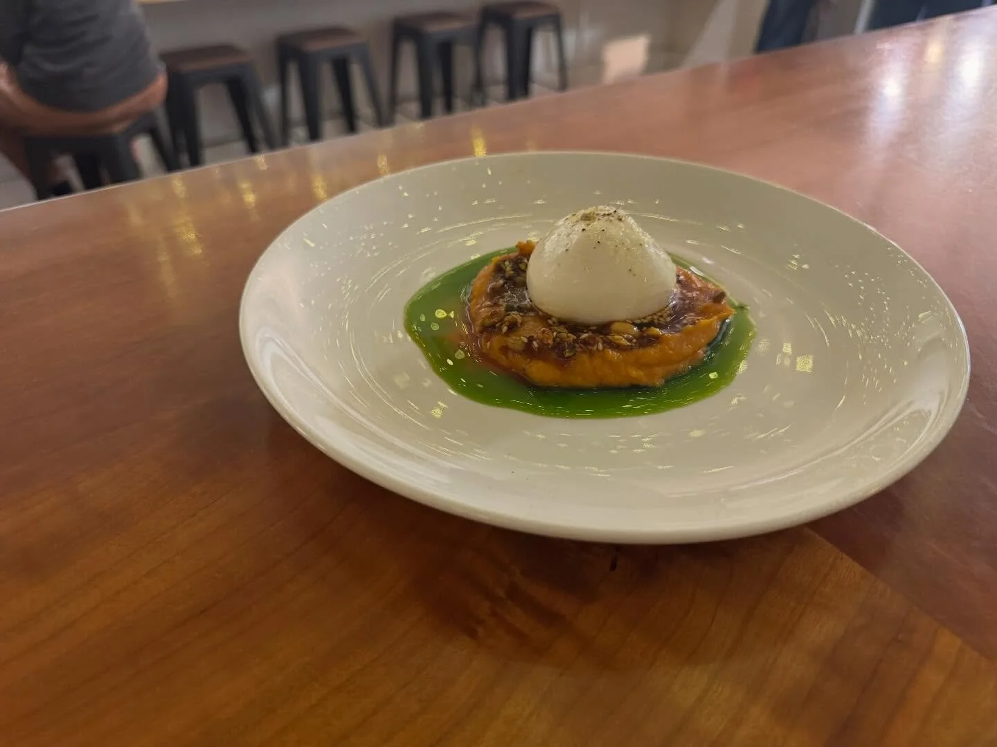 New Burrata who &ldquo;dis? Chilled Sweet Potato puree, Calabrian chili crisp, herb oil! #sogood