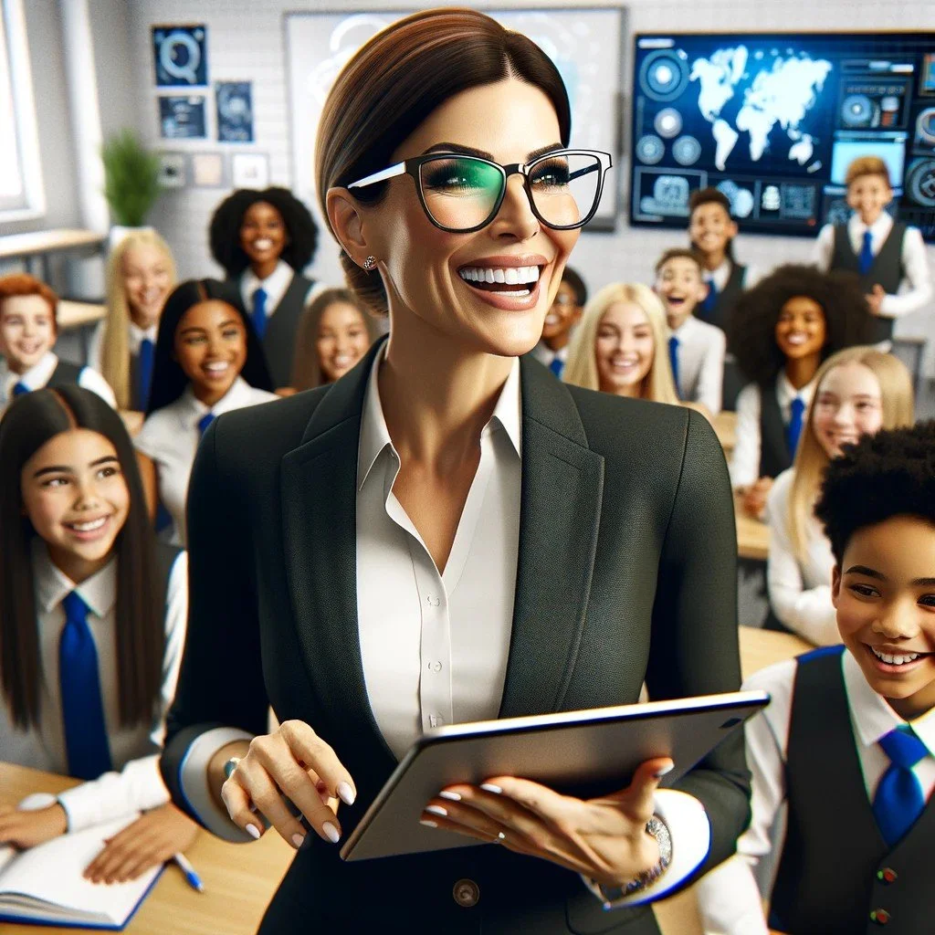 A smiling woman teacher wearing glasses and a suit, happy to have learned how to use AI tools, holding a tablet in a classroom full of smiling students in uniforms, with a world map and digital screens in the background.