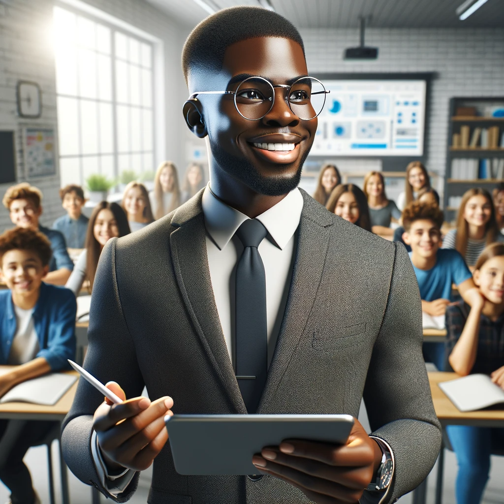 A smiling man in a suit and glasses, happy to have learned how to use AI tools, holding a tablet and stylus in a modern classroom or seminar room filled with students sitting at desks, with charts and graphs on screens in the background.