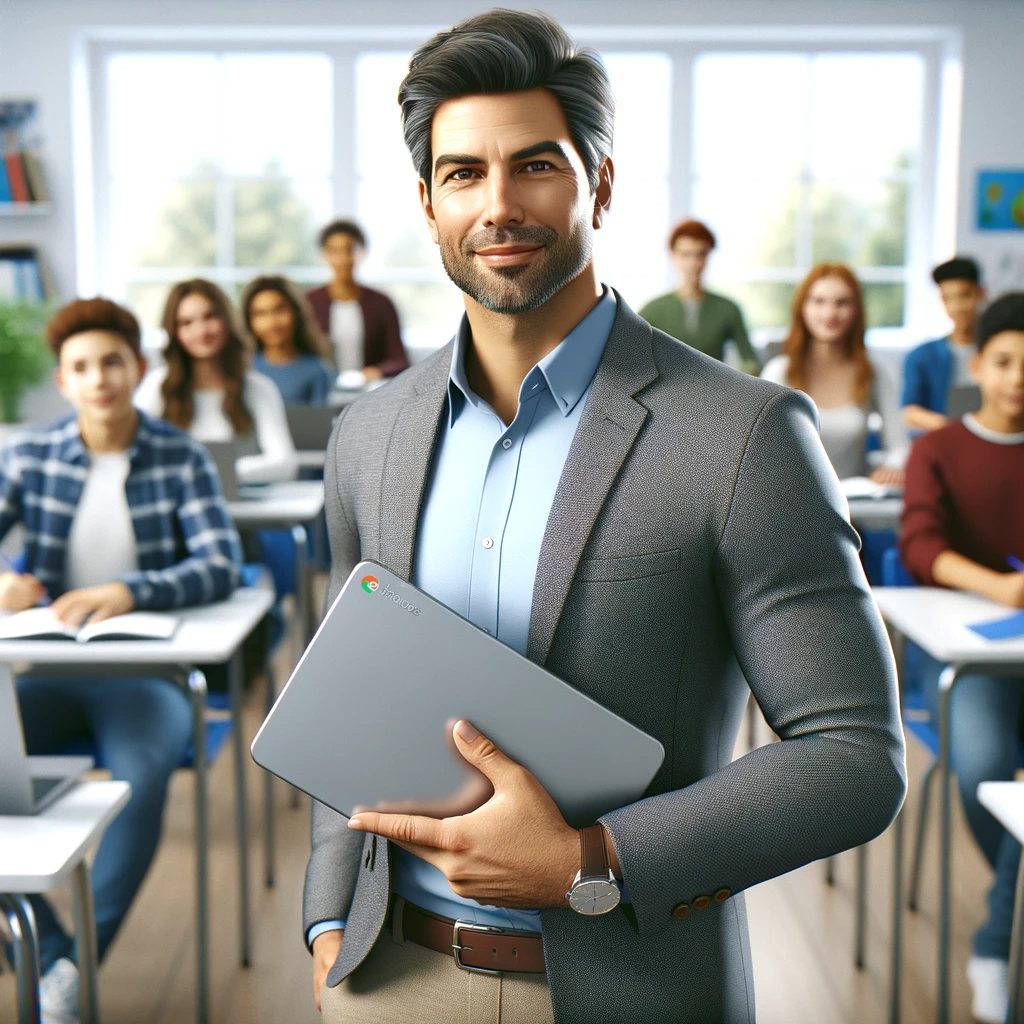 A confident man in a gray suit, happy to have learned how to use AI tools, holding a Chromebook standing in a classroom filled with students seated at desks.