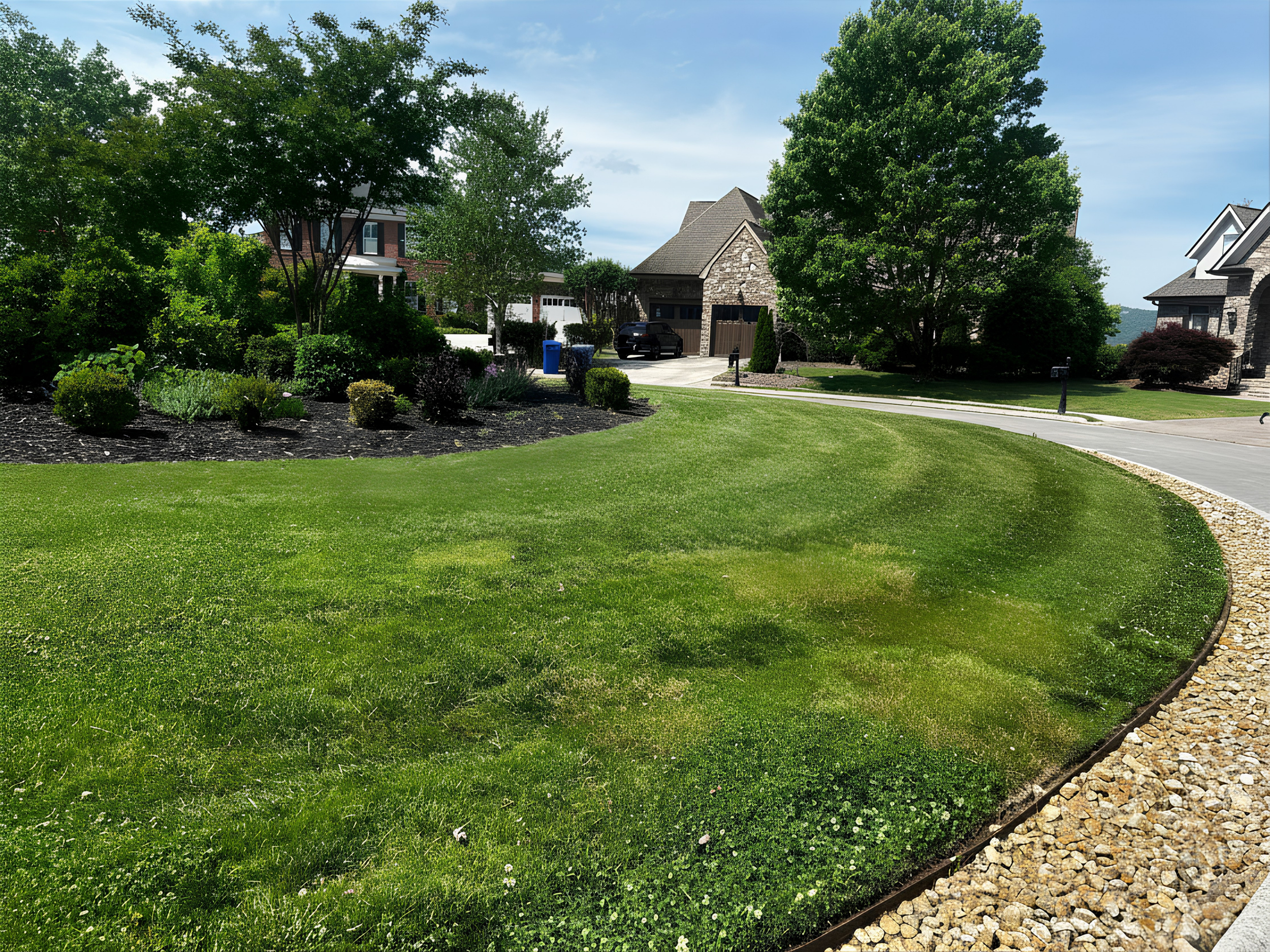 Residential neighborhood with well-maintained green lawn, trees, plants, stone pathway, and houses with garages and a driveway.