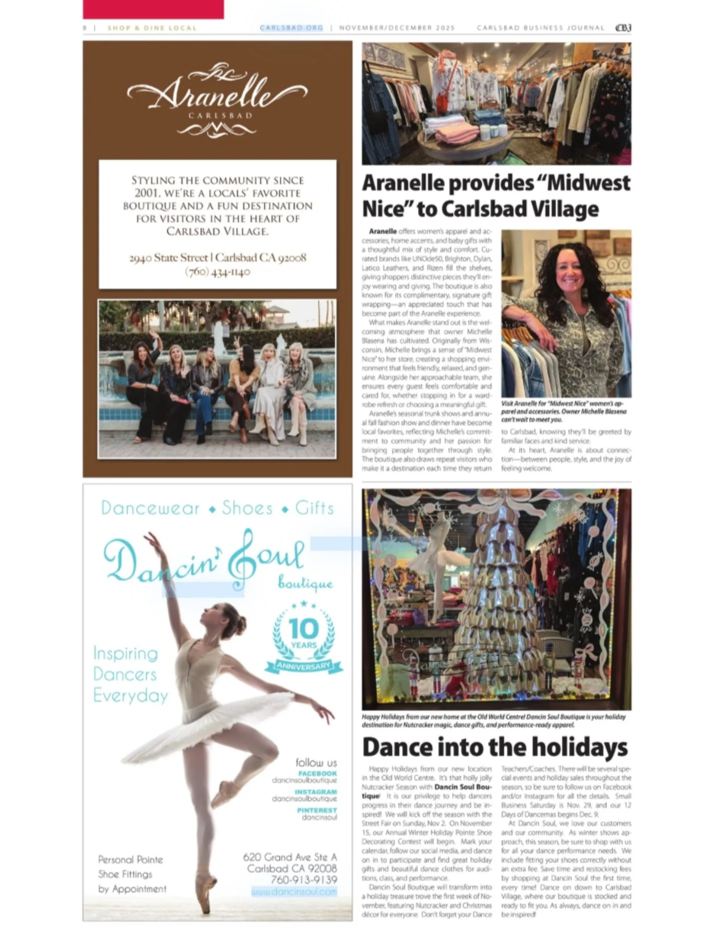 The November/December 2025 Shop &amp; Dine Local issue of the Carlsbad Business Journal is out now. 🙌 📰

We&rsquo;re delighted to be featured on page 8, highlighting Aranelle&rsquo;s friendly, community-minded vibe in the heart of Carlsbad Village.