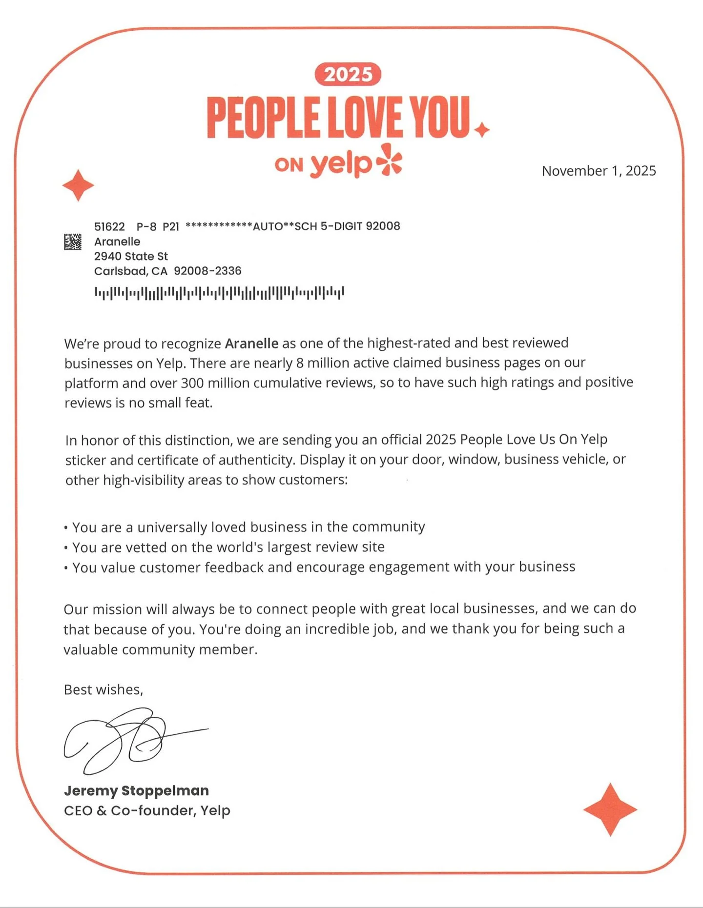 Gotta admit&hellip; small businesses have a love/hate relationship with Yelp, but it&rsquo;s nice when something like this comes through. Grateful for everyone who takes the time to share their experience with Aranelle.