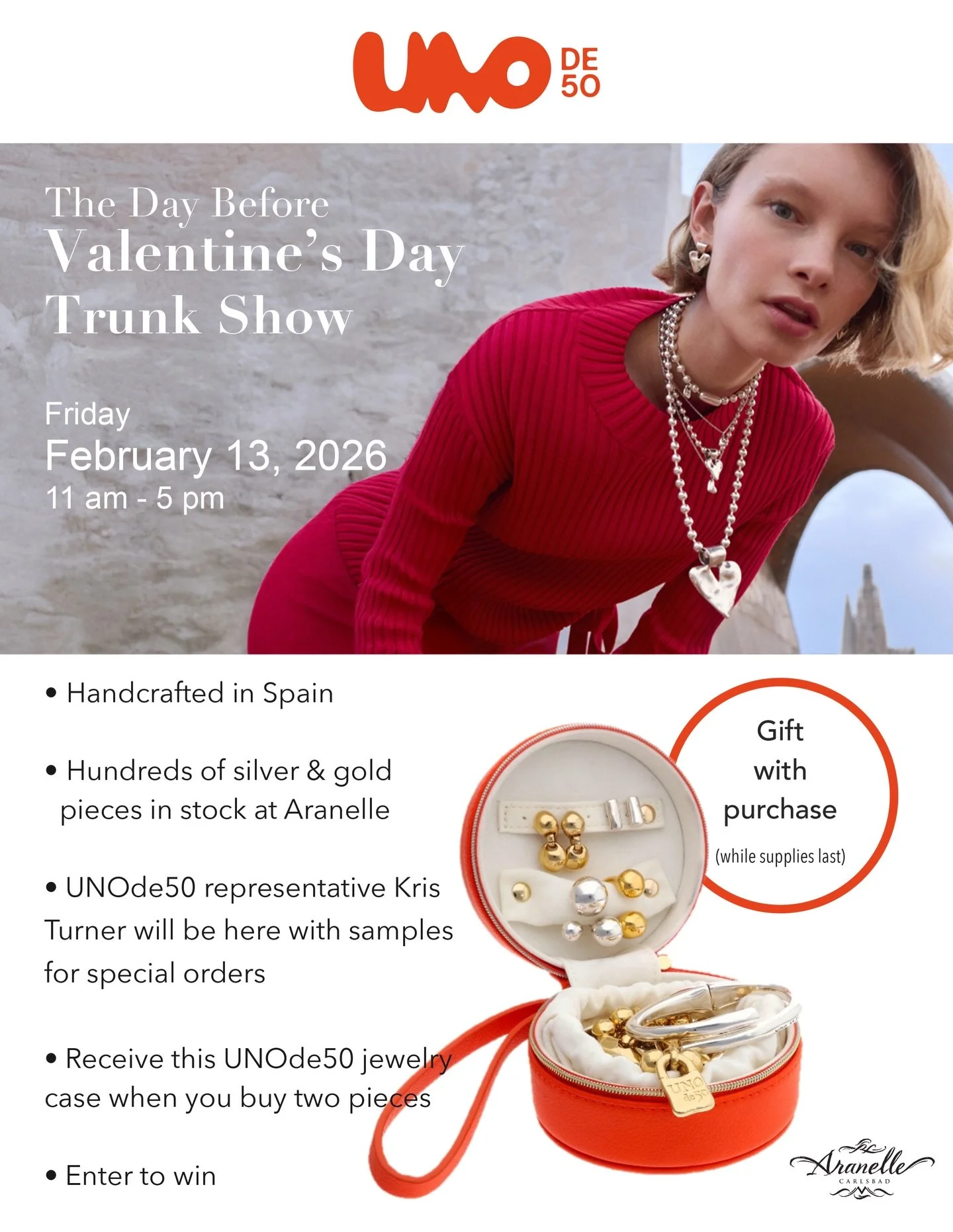 The day before Valentine&rsquo;s Day calls for a little drama. ❤️💃🏽💃🏼

Join us for our UNOde50 Valentine&rsquo;s Trunk Show &mdash; bold, sculptural jewelry handcrafted in Spain and made to be noticed.

✨ A wide selection of silver &amp; gold pie