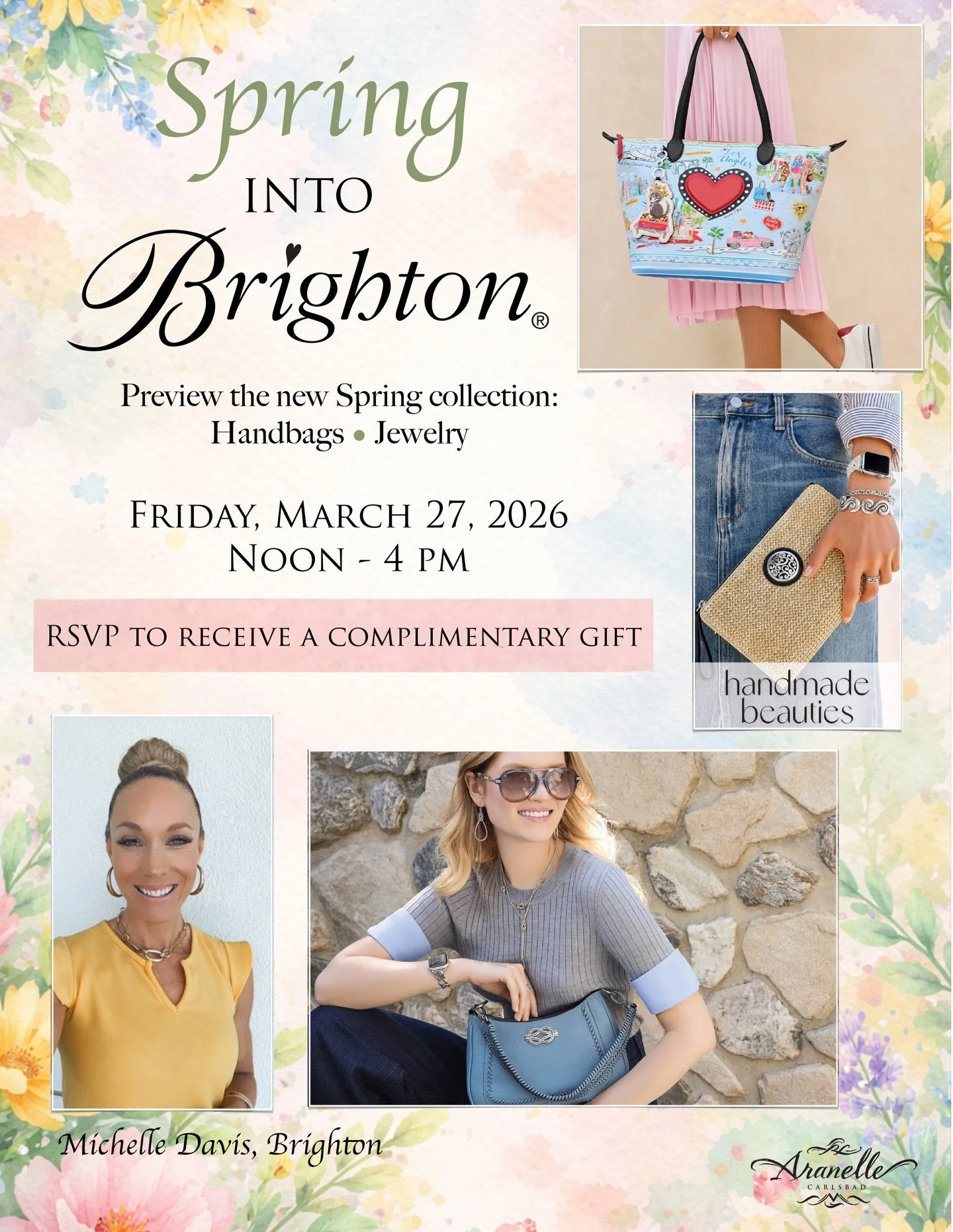 Spring is arriving at Aranelle&hellip; and a little Brighton is coming with it. 🌸👜 
Join us for a Spring preview of beautiful new handbags and jewelry. Michelle Davis will be with us for the afternoon and would love to show you what&rsquo;s new. ✨ 