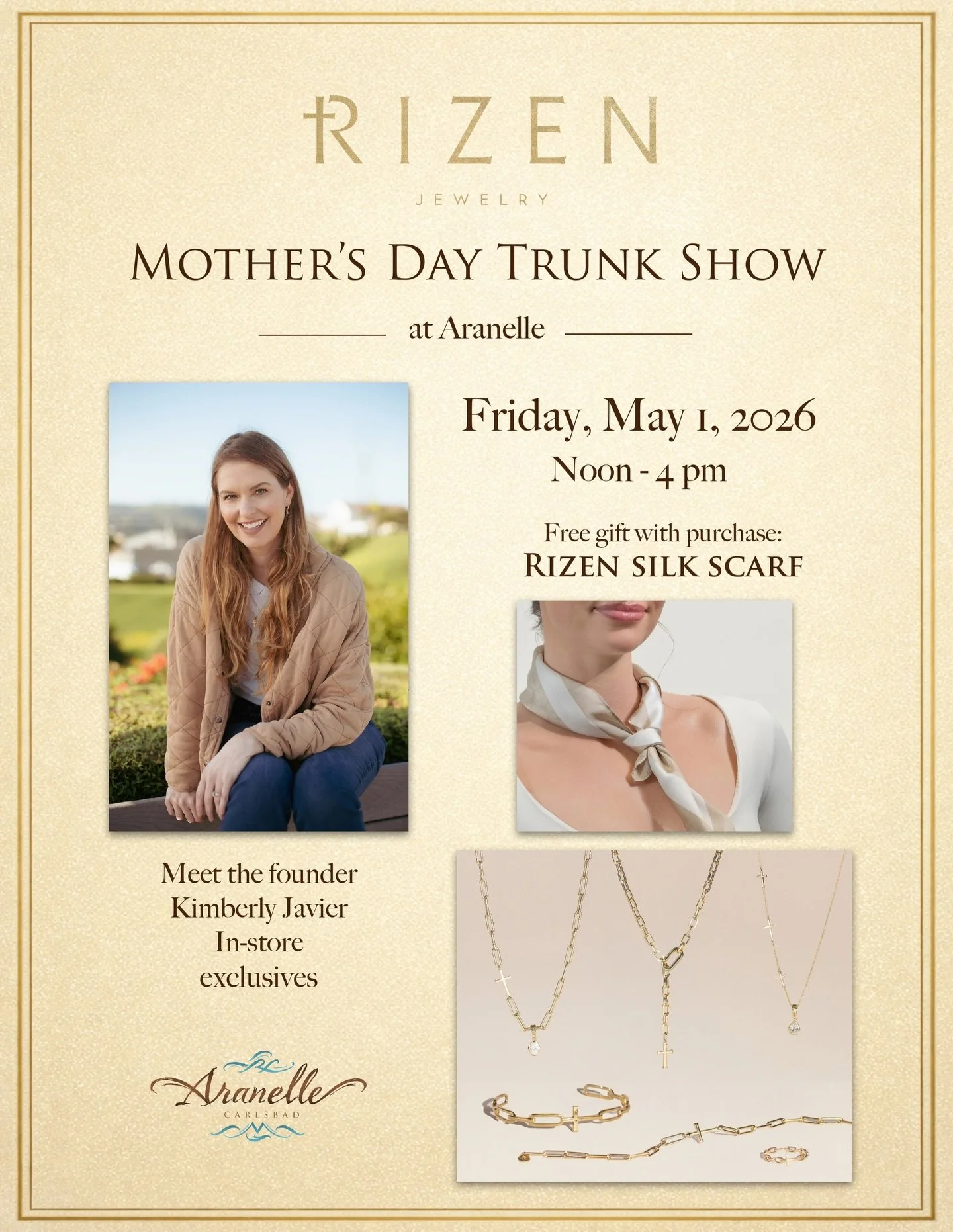 Jewelry with meaning 🕊️
Rizen Mother&rsquo;s Day Trunk Show

Friday, May 1 | Noon &ndash; 4 pm
 
Meet founder Kimberly Javier
Inspired by faith, designed for everyday wear

Complimentary silk scarf with purchase