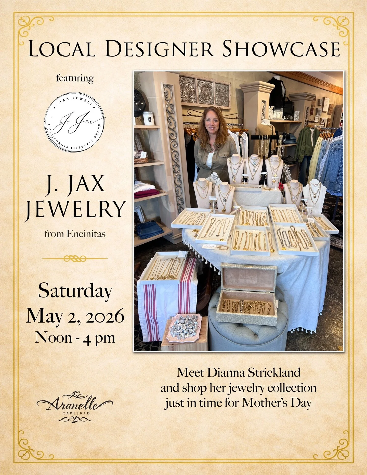 Local Designer Showcase featuring J. Jax Jewelry from Encinitas 🌊

Meet the designer and find special pieces for Mother&rsquo;s Day. 💐

Saturday, May 2
Noon &ndash; 4 pm

Shop directly with the designer: Venmo, Zelle, PayPal, and cash accepted. Pro
