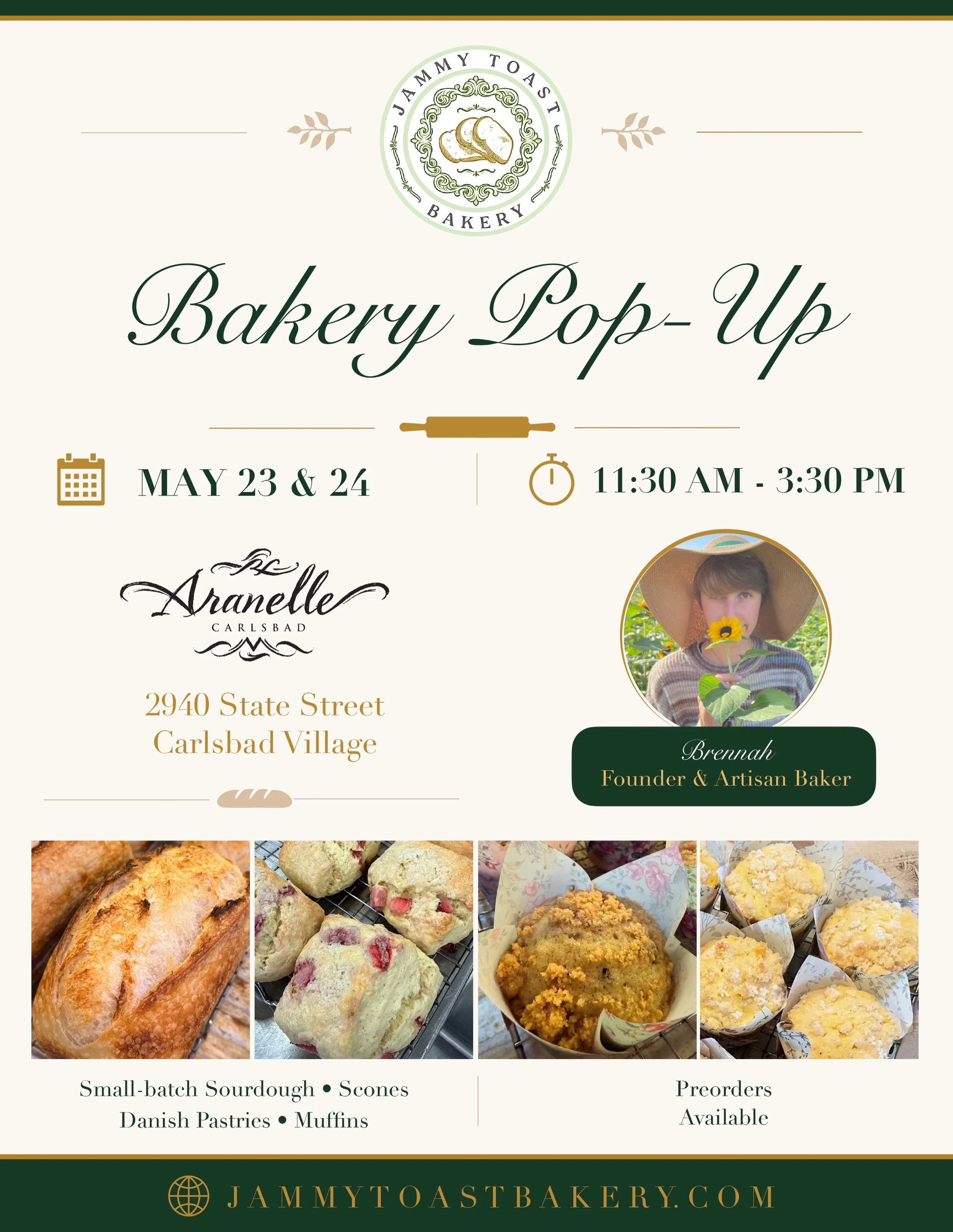 We&rsquo;re excited to welcome Jammy Toast Bakery to Aranelle for a special two-day bakery pop-up. 🌿

Brennah McCague is a friend of ours who occasionally helps us here at Aranelle, and we are so happy to support her new licensed home bakery busines