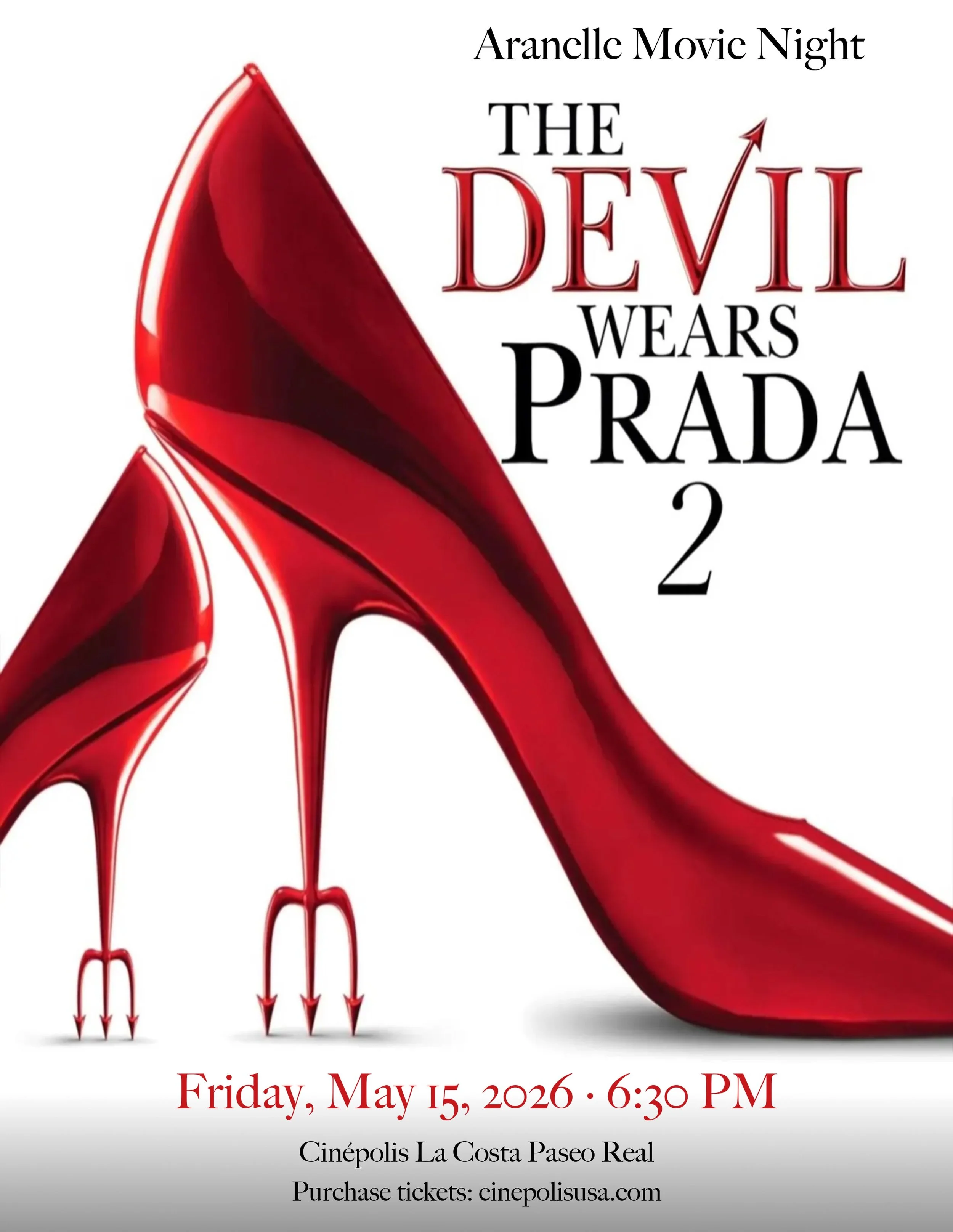 Please join us (Lynn, Michelle, Sarah, &amp; Vicki) at the movies! 🎬

Friday, May 15, 2026 &middot; 6:30 PM

Cin&eacute;polis La Costa Paseo Real
6941 El Camino Real
Carlsbad 92009

Almost twenty years after making their iconic turns as Miranda, And