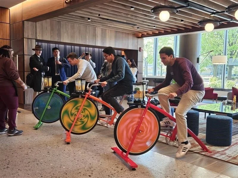 Three bikes in a row, hotel lobby