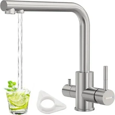 Brushed Stainless Steel 3 Way Kitchen Mixer Tap Dual Lever 360 Swivel Water Filter