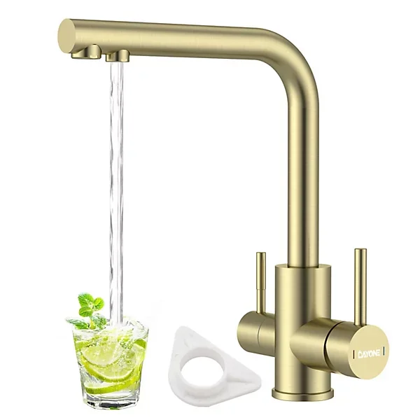 Brushed Gold Stainless Steel 3 Way Kitchen Mixer Tap Dual Lever 360 Swivel Water Filter