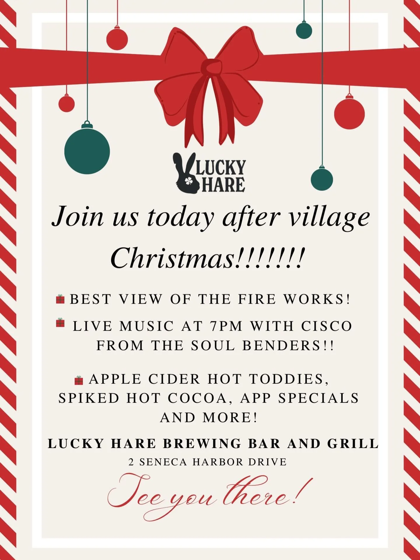 Come warm up during or after village Christmas with us tonight! We will have warm cocktails, live music, app specials and the best view of the fireworks!!!! See you there!!!
#luckyhare #villagechristmas #luckyharebrewingbarandgrill #appspecials #chri