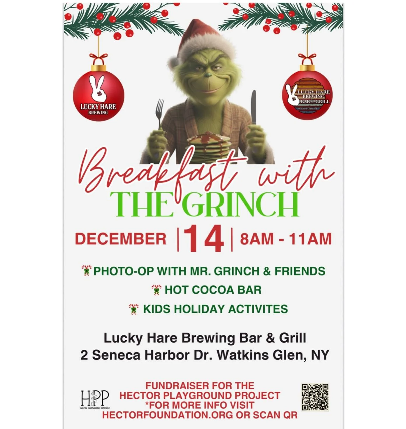 Join us for breakfast from 8am-11am with Mr. Grinch!! The kids will have a hot cocoa bar, kids activities, photo-ops with Mr. Grinch, and more! 50% of  all proceeds will be donated to the Hector Foundation. For more information on the Hector playgrou