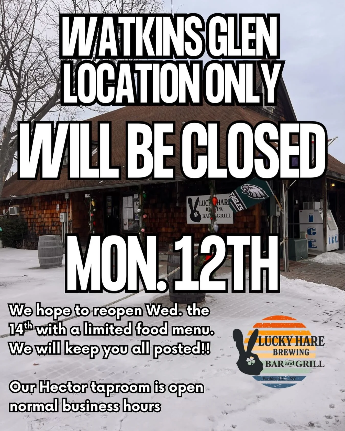Our Watkins Glen location ONLY will be closed tomorrow Mon. Jan 12th for building repairs. We are hoping to reopen on Wed. the 14th with a limited food menu, but a full pouring bar!!! 
We will keep you all posted!

Our Hector location will be normal 