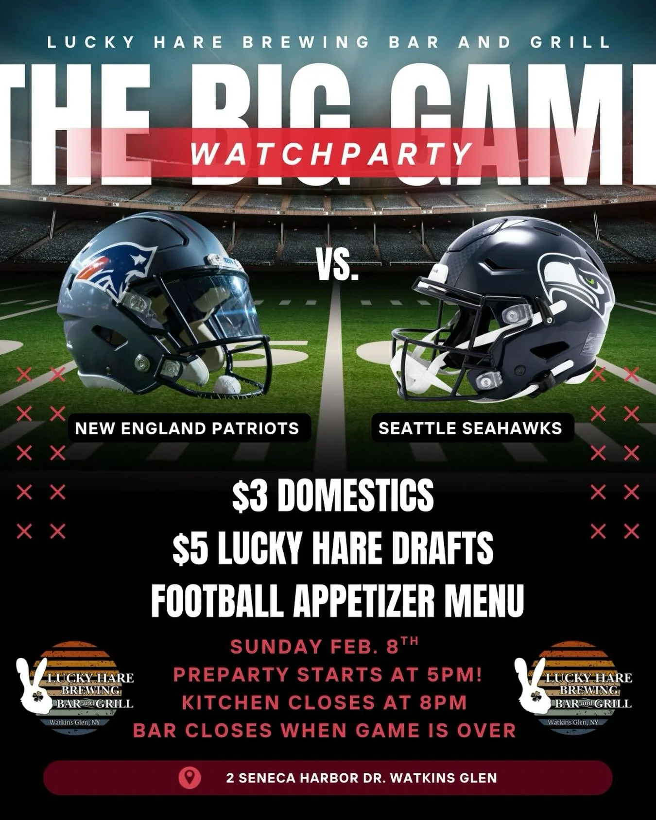Join us to watch the Super Bowl! 🏈
Check out our exculsive Super Bowl appetizer menu and $3 domestic + $5 Lucky Hare draft beers! 🍺
Bring your friends, your jerseys, and your 
fan-tastic energy! 😆
This will be a night you don&rsquo;t want to miss!