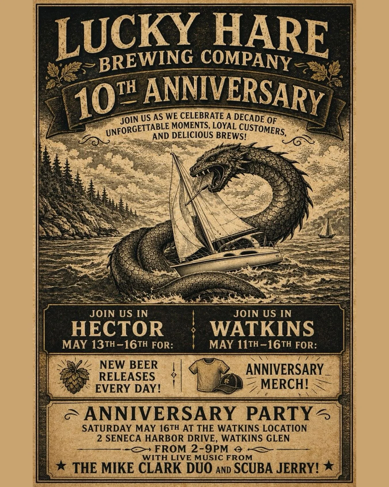 Join us for an unforgettable week as we celebrate Lucky Hare Brewing Company&rsquo;s 10th Anniversary! 🍻

We&rsquo;re rolling out new beer releases every day, all leading up to the grand debut of our Barrel-Aged Serpent of Seneca &mdash; a rich barl