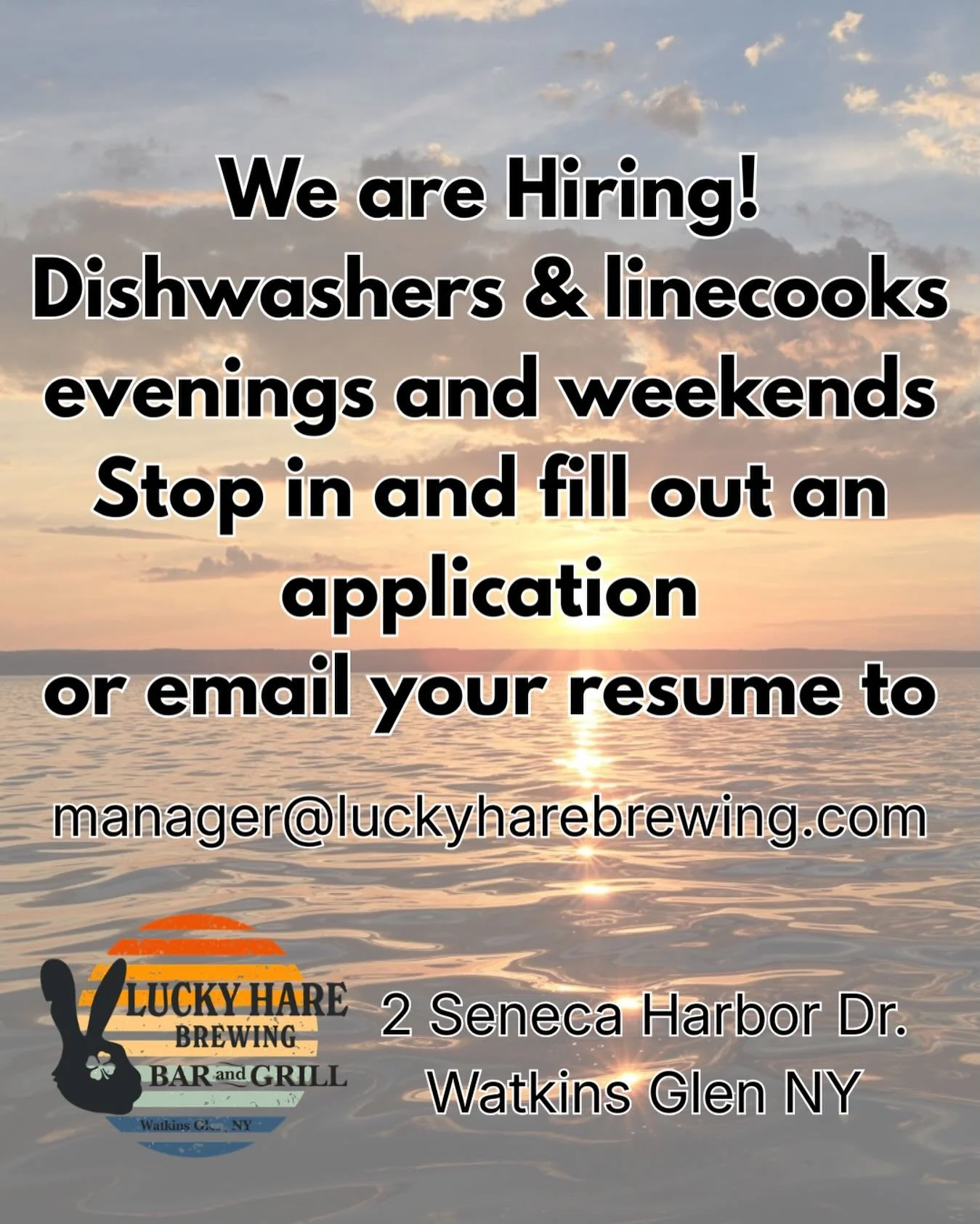 We have a few more positions to fill! Competitive wages, fast paced restaurant, evenings and weekends. Stop by, chat with us, fill out an application or email your resume to manager@luckyharebrewing.com