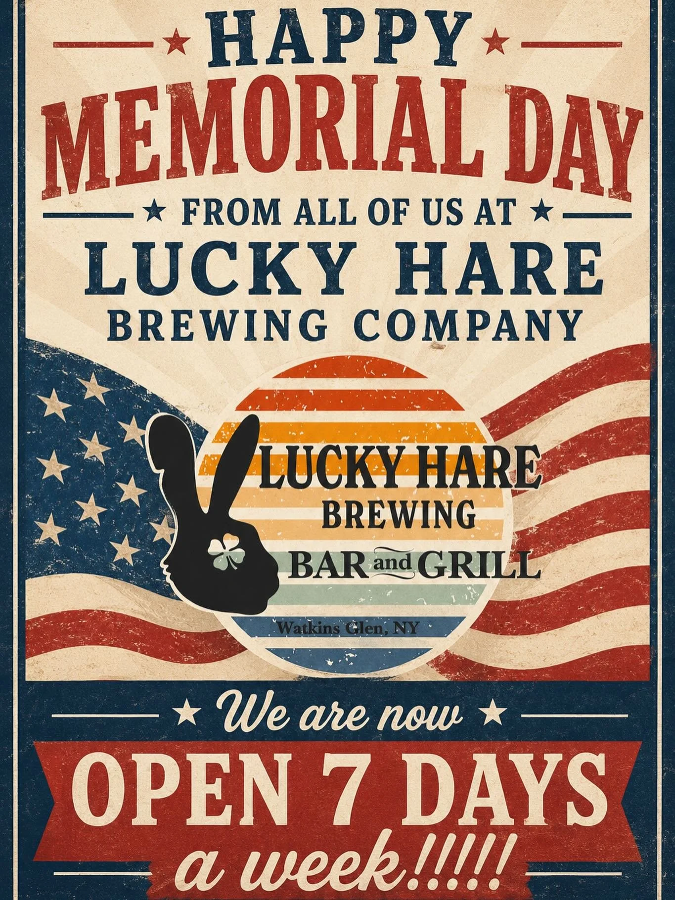 Watkins location is now open Tuesdays starting tomorrow making us open 7 days a week for our summer season!!!! 🍻

#luckyharebrewingbarandgrill #luckyhare #memorialday #myflx