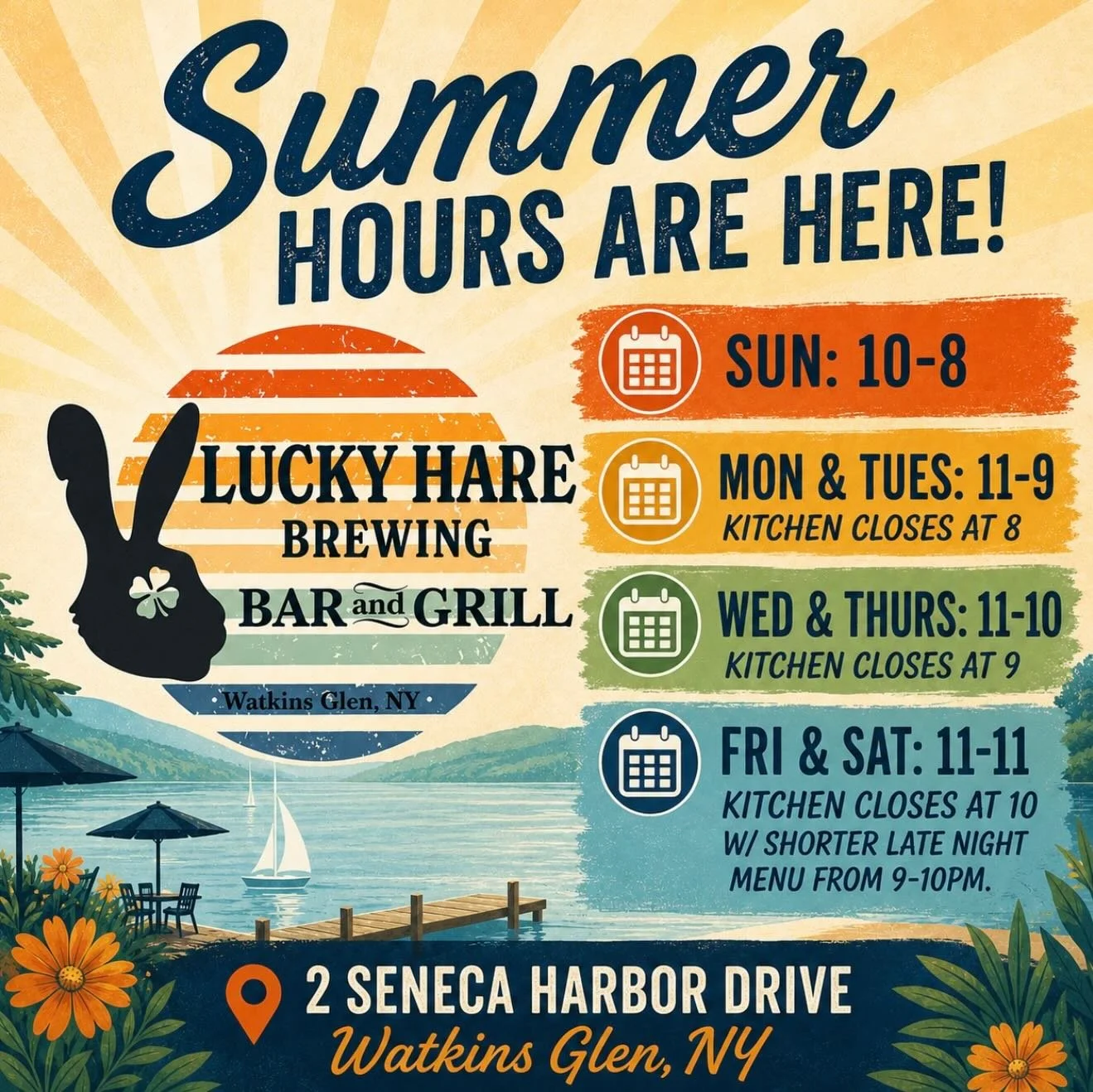 ☀️ Summer hours are officially here! 🌊🍻

Longer days, lakeside views, cold craft beer, and all your favorite food and drinks &mdash; summer has arrived at Lucky Hare Brewing Bar &amp; Grill!

Whether you&rsquo;re stopping by for brunch, grabbing di