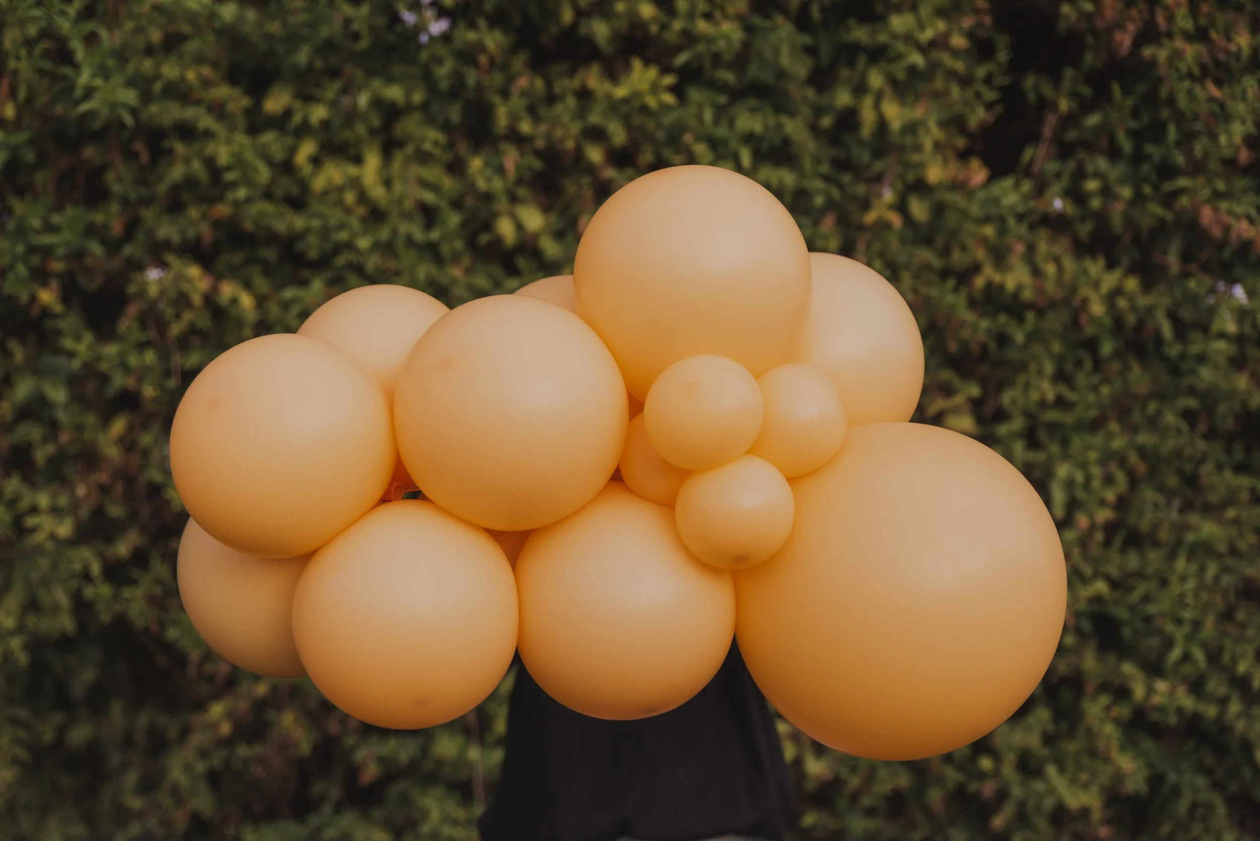 Person holding a bunch of yellow balloons against a green leafy background.