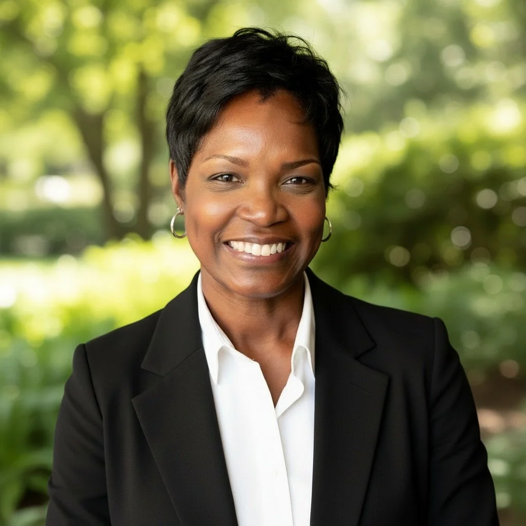 A smiling African American woman with short black hair, wearing a black blazer and white shirt, standing outdoors with blurred green trees and sunlight in the background.