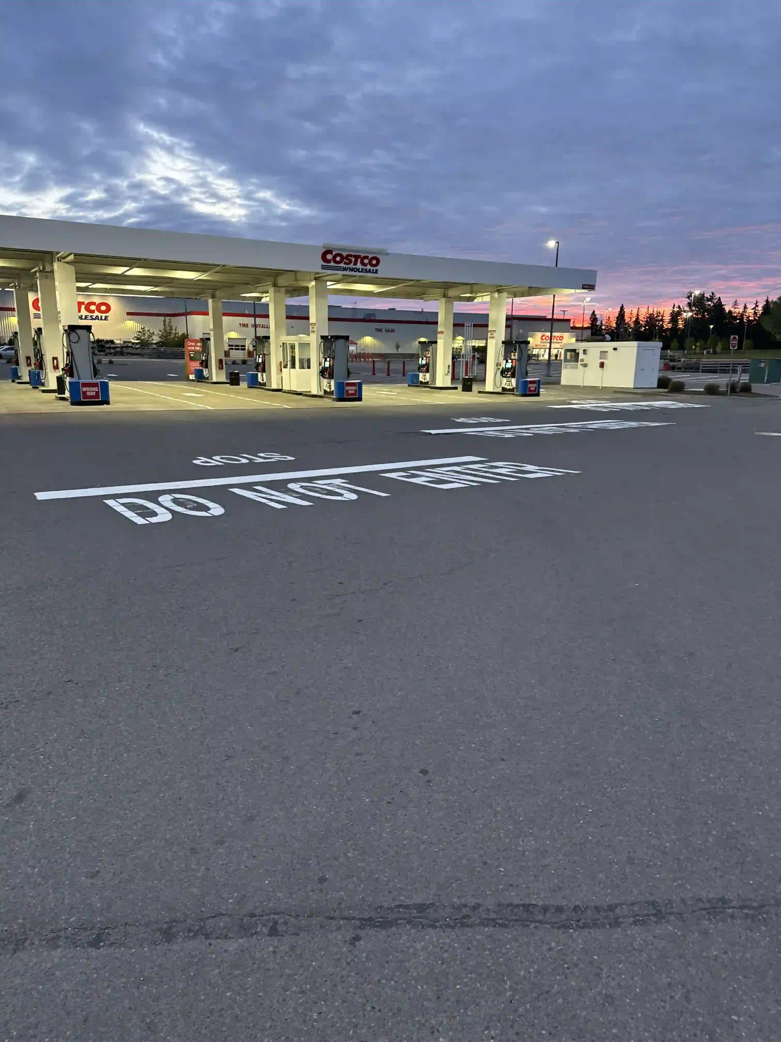 Large white 'STOP' and 'DO NOT ENTER' pavement markings painted for traffic control at a Costco gas station in Grande Prairie, AB.