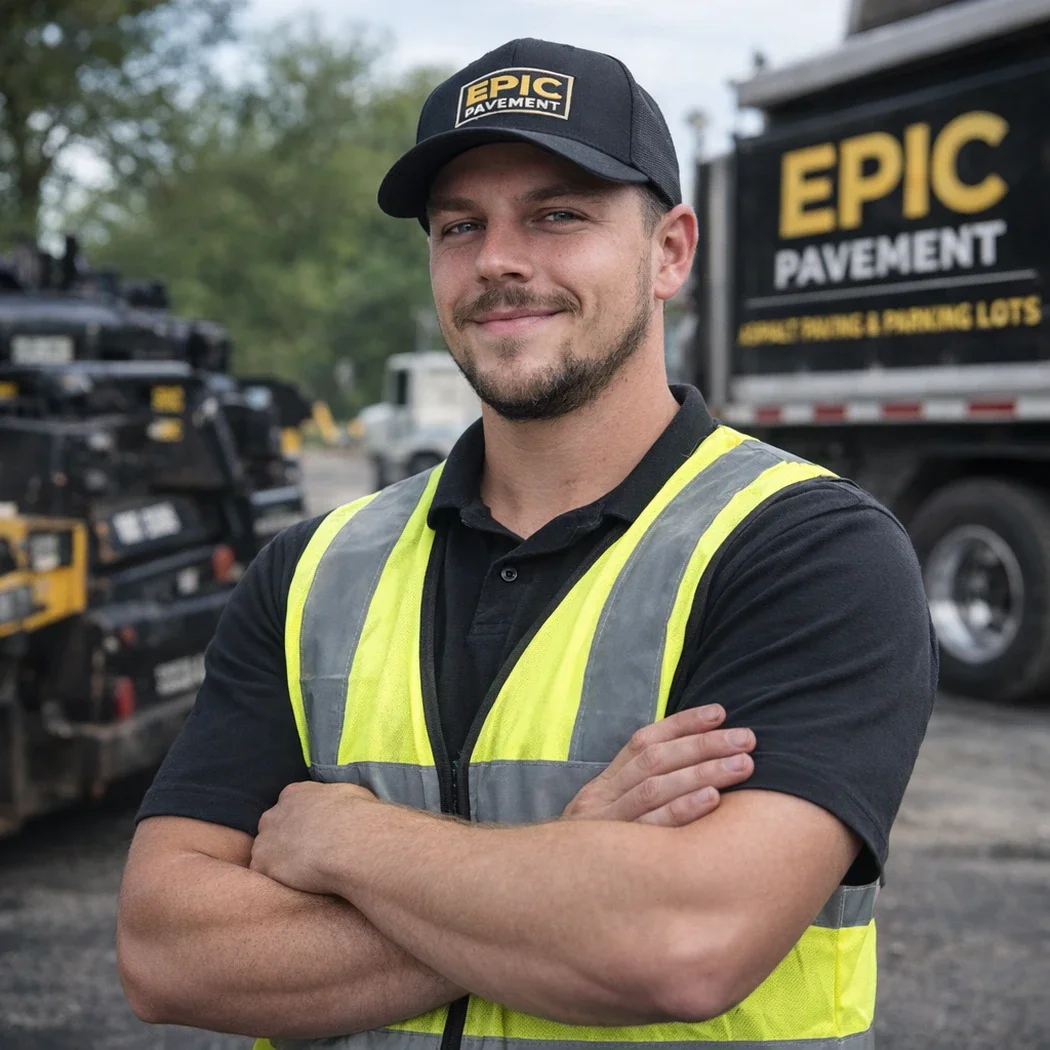 Dennis Kuebler, owner of Epic Pavement in Prince George BC, standing in front of paving equipment wearing a safety vest.